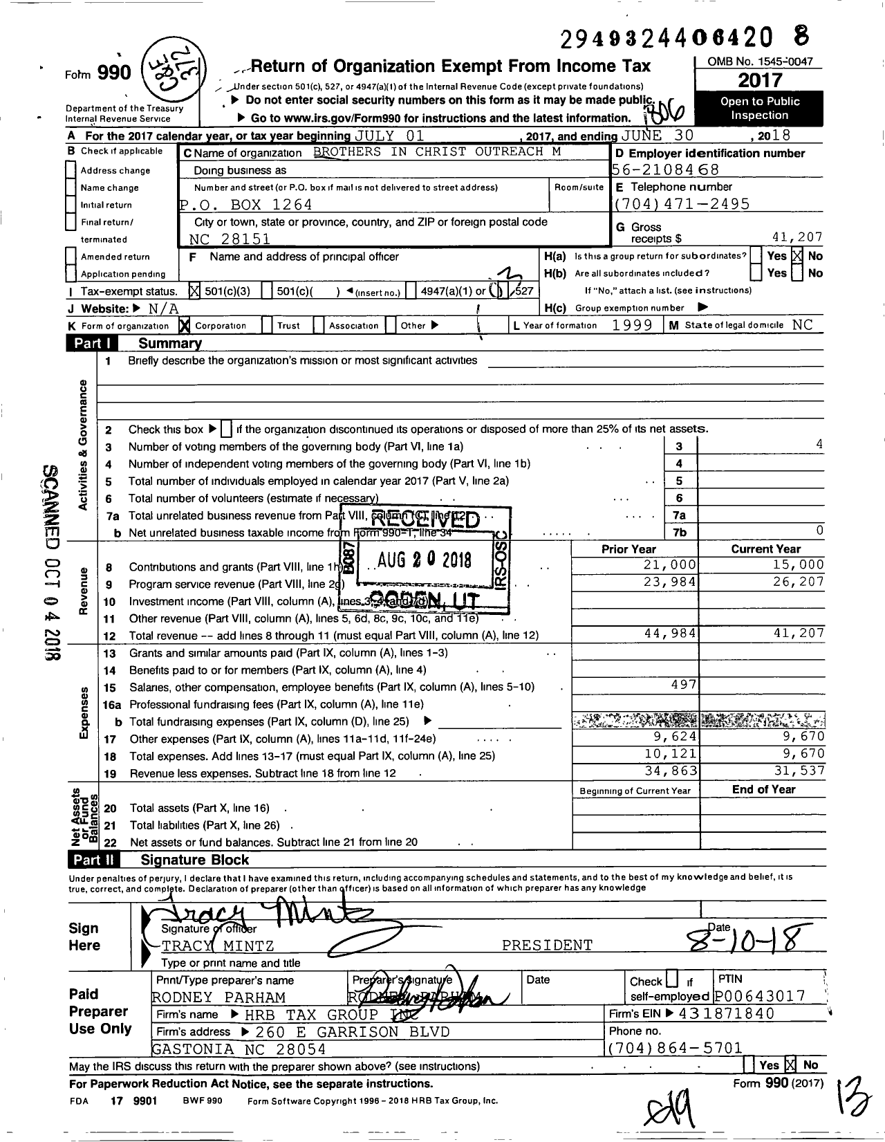 Image of first page of 2017 Form 990 for Brothers in Christ Outreach Ministries (BICOM)