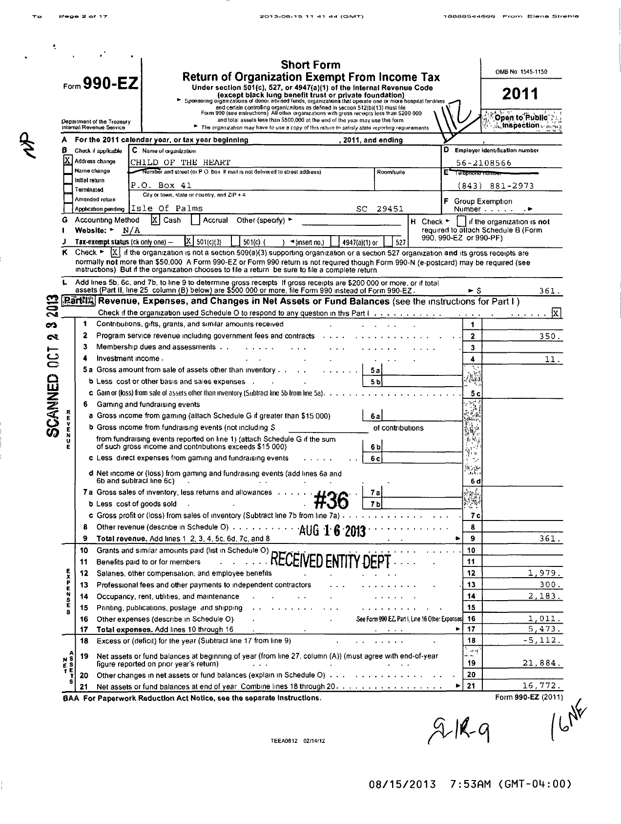 Image of first page of 2011 Form 990EZ for Child of the Heart