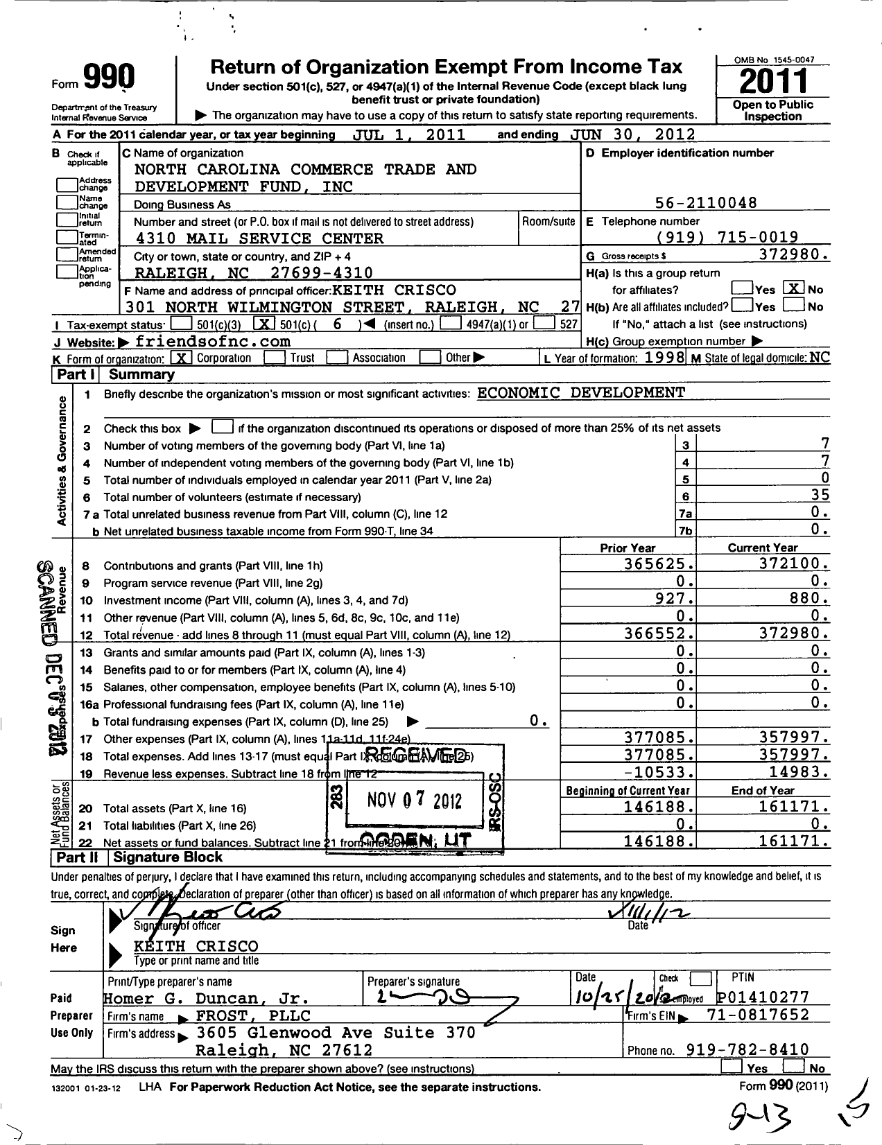 Image of first page of 2011 Form 990O for North Carolina Commerce Trade and Development Fund