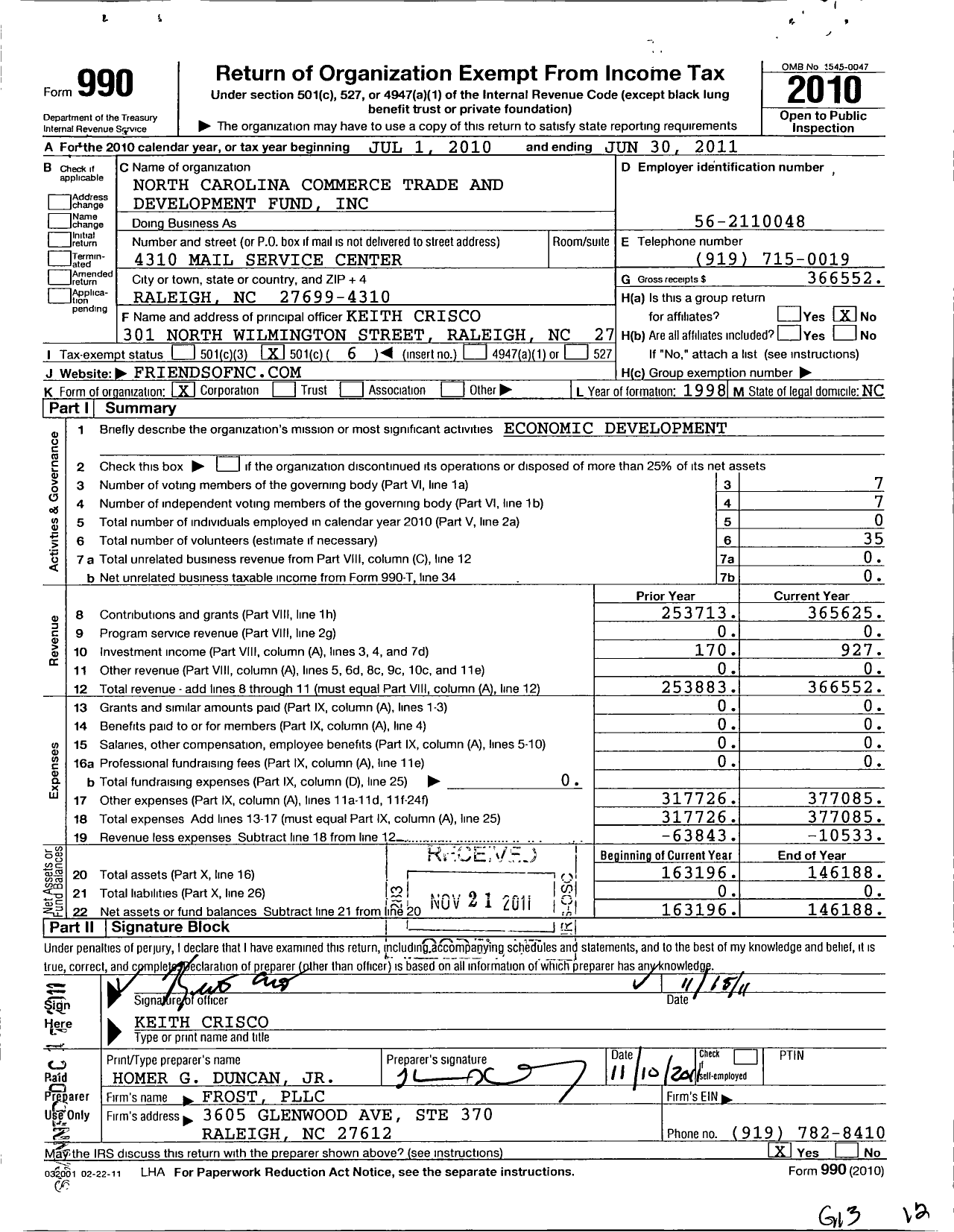 Image of first page of 2010 Form 990O for North Carolina Commerce Trade and Development Fund