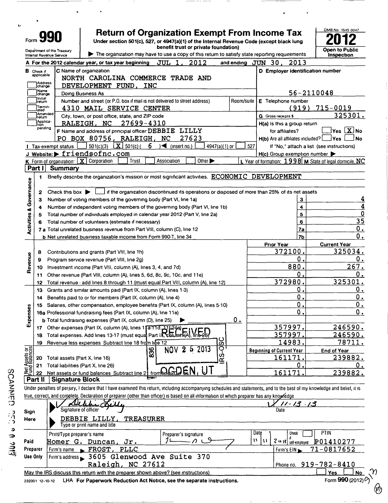 Image of first page of 2012 Form 990O for North Carolina Commerce Trade and Development Fund