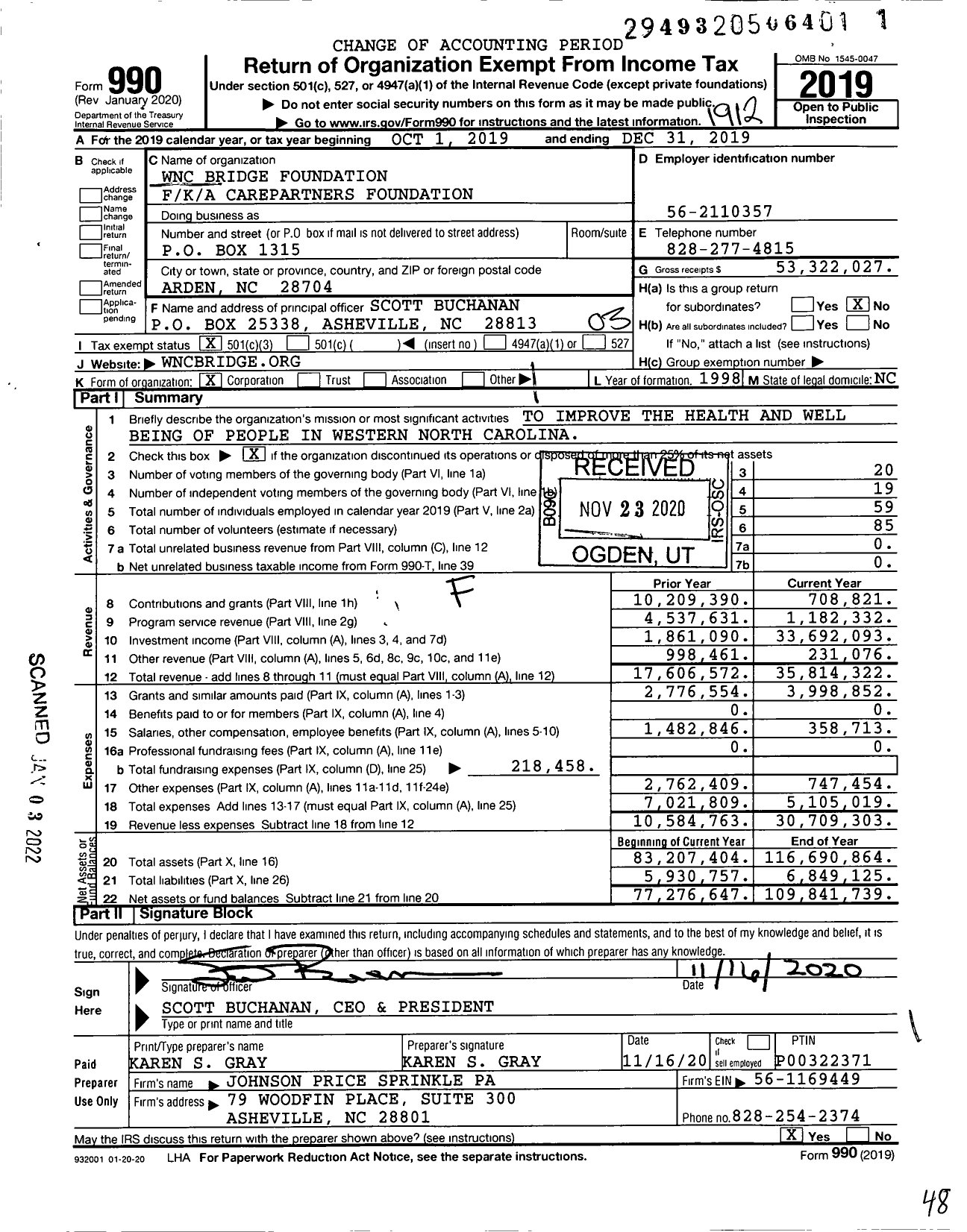 Image of first page of 2019 Form 990 for WNC Bridge Foundation