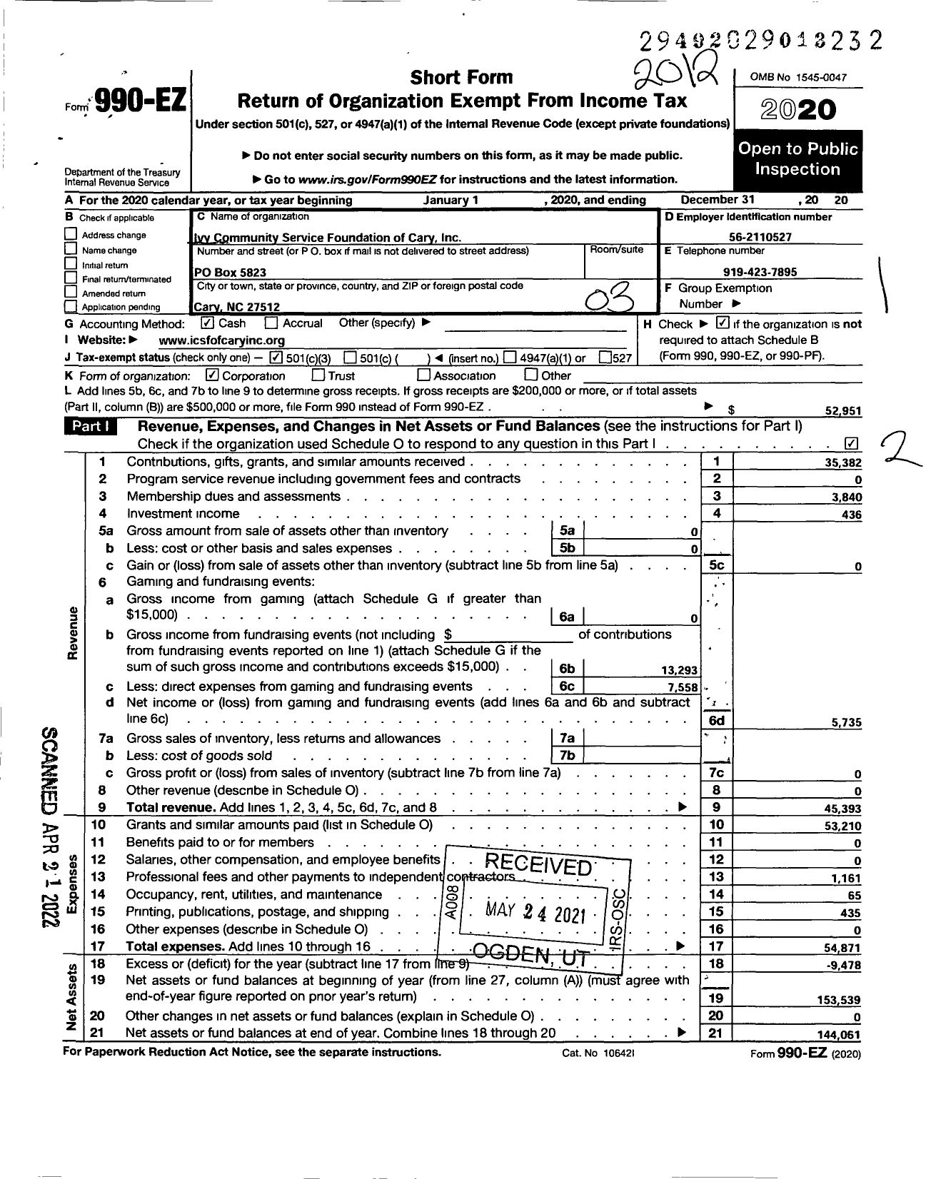 Image of first page of 2020 Form 990EZ for Ivy Community Service Foundation of Cary