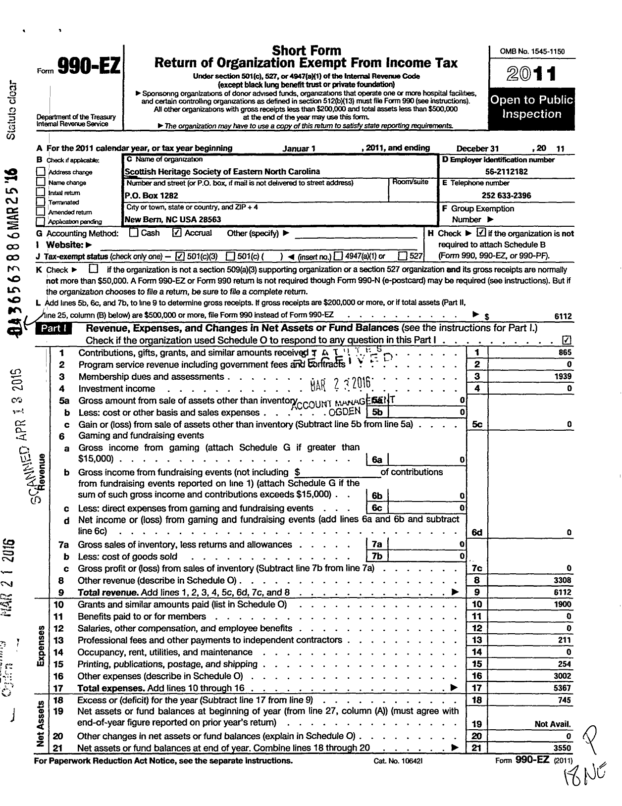 Image of first page of 2011 Form 990EZ for Scottish Heritage Society of Eastern North Carolina