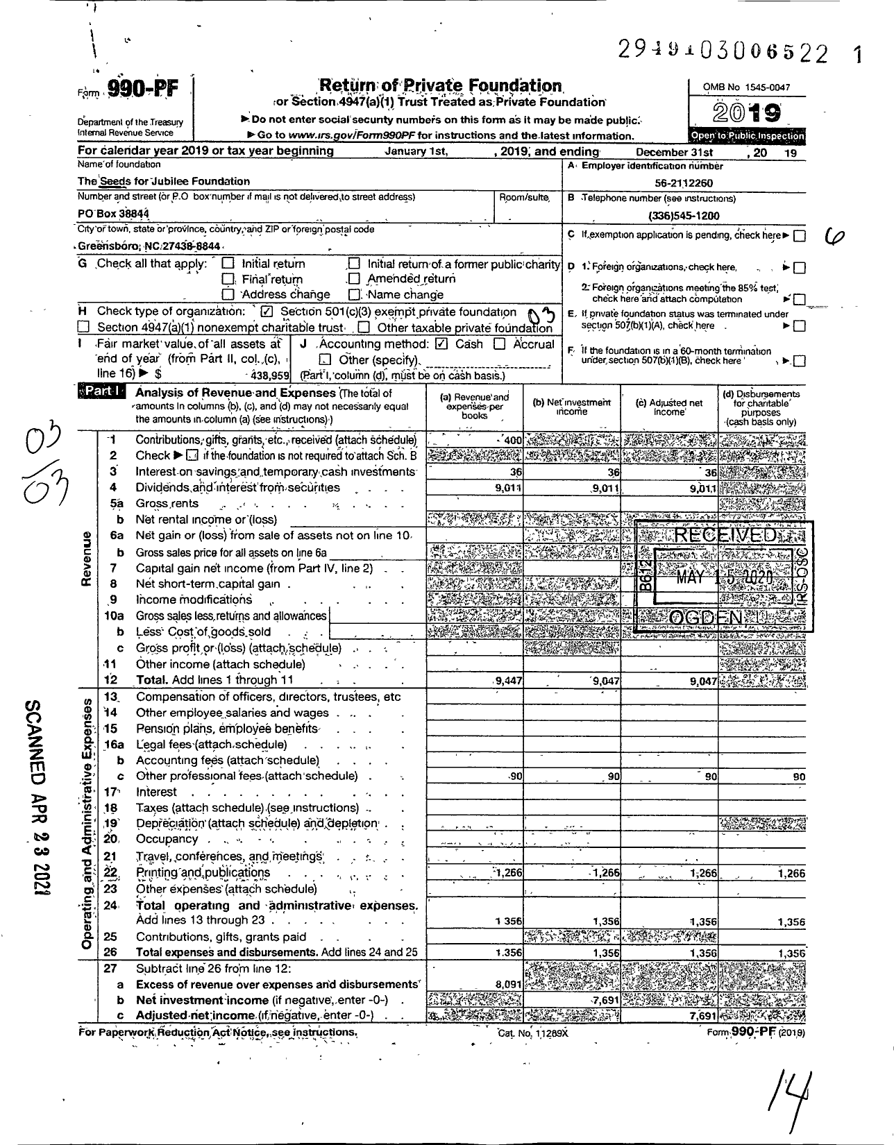 Image of first page of 2019 Form 990PF for The Seeds for Jubilee Foundation