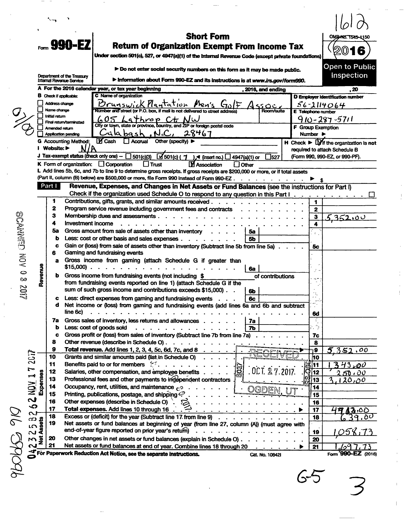 Image of first page of 2016 Form 990EO for Brunswick Plantation Golf Association