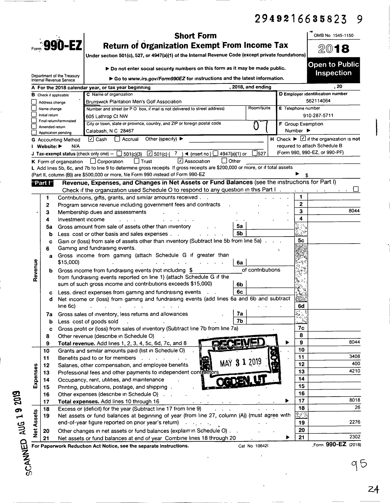 Image of first page of 2018 Form 990EO for Brunswick Plantation Golf Association