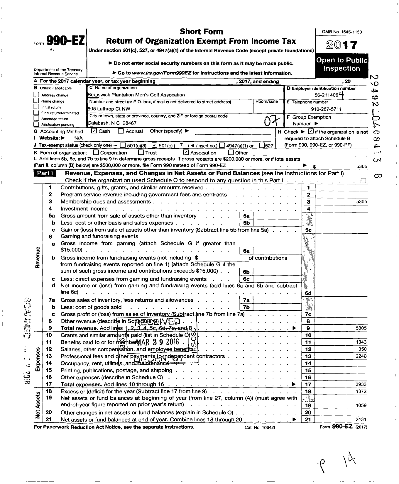 Image of first page of 2017 Form 990EO for Brunswick Plantation Golf Association