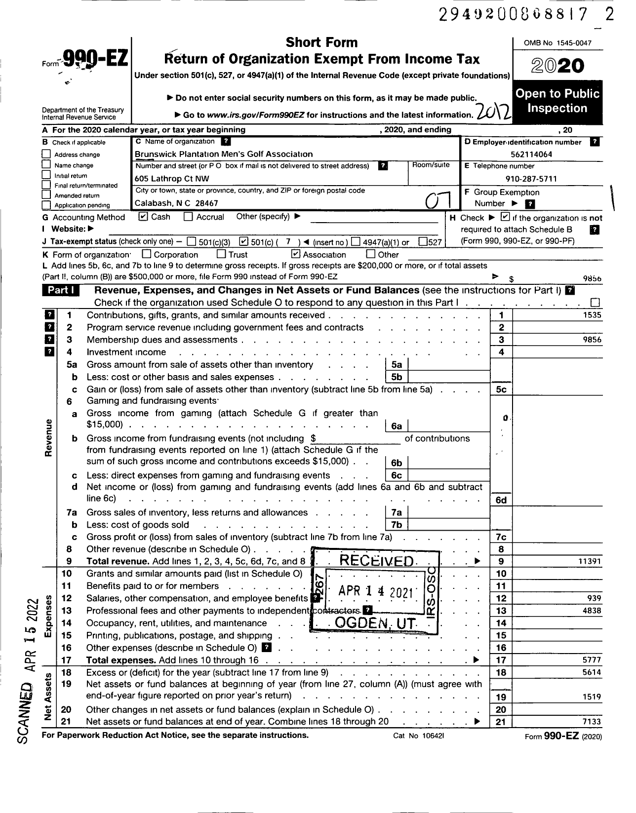 Image of first page of 2020 Form 990EO for Brunswick Plantation Golf Association