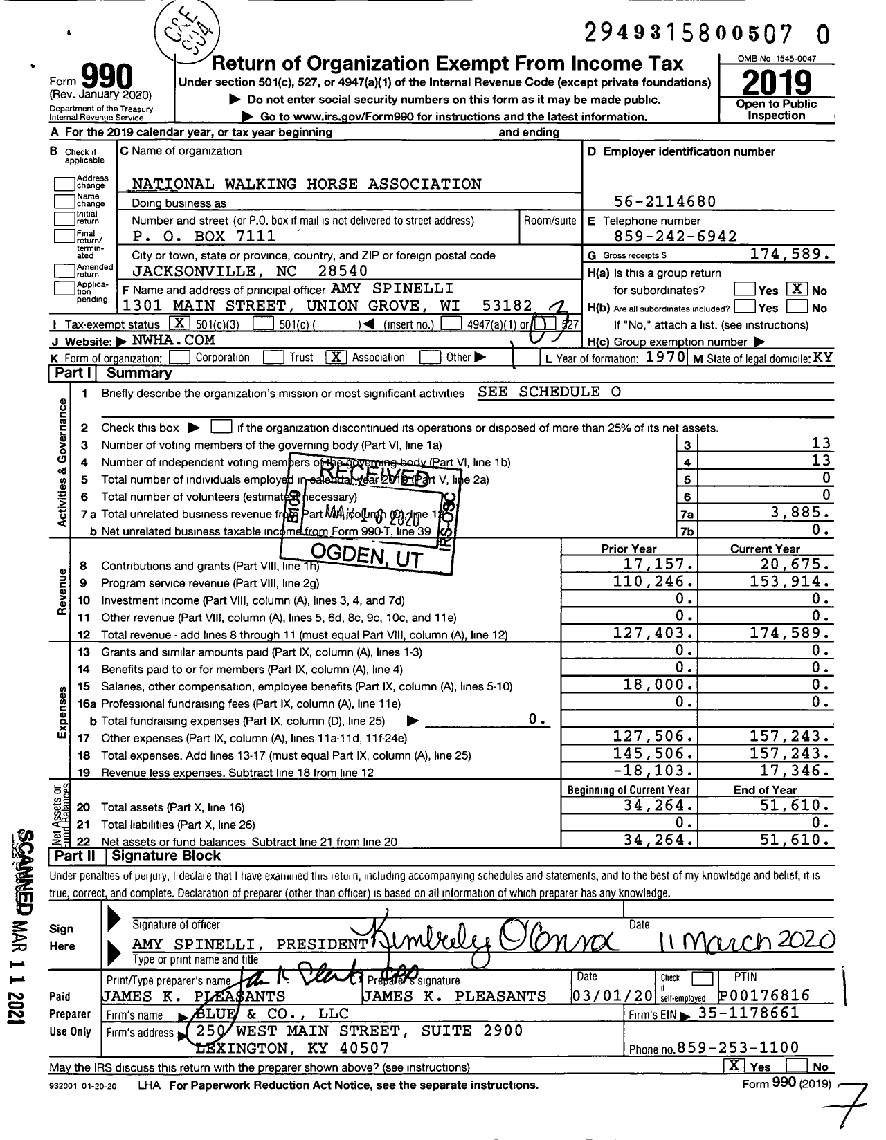 Image of first page of 2019 Form 990 for National Walking Horse Association