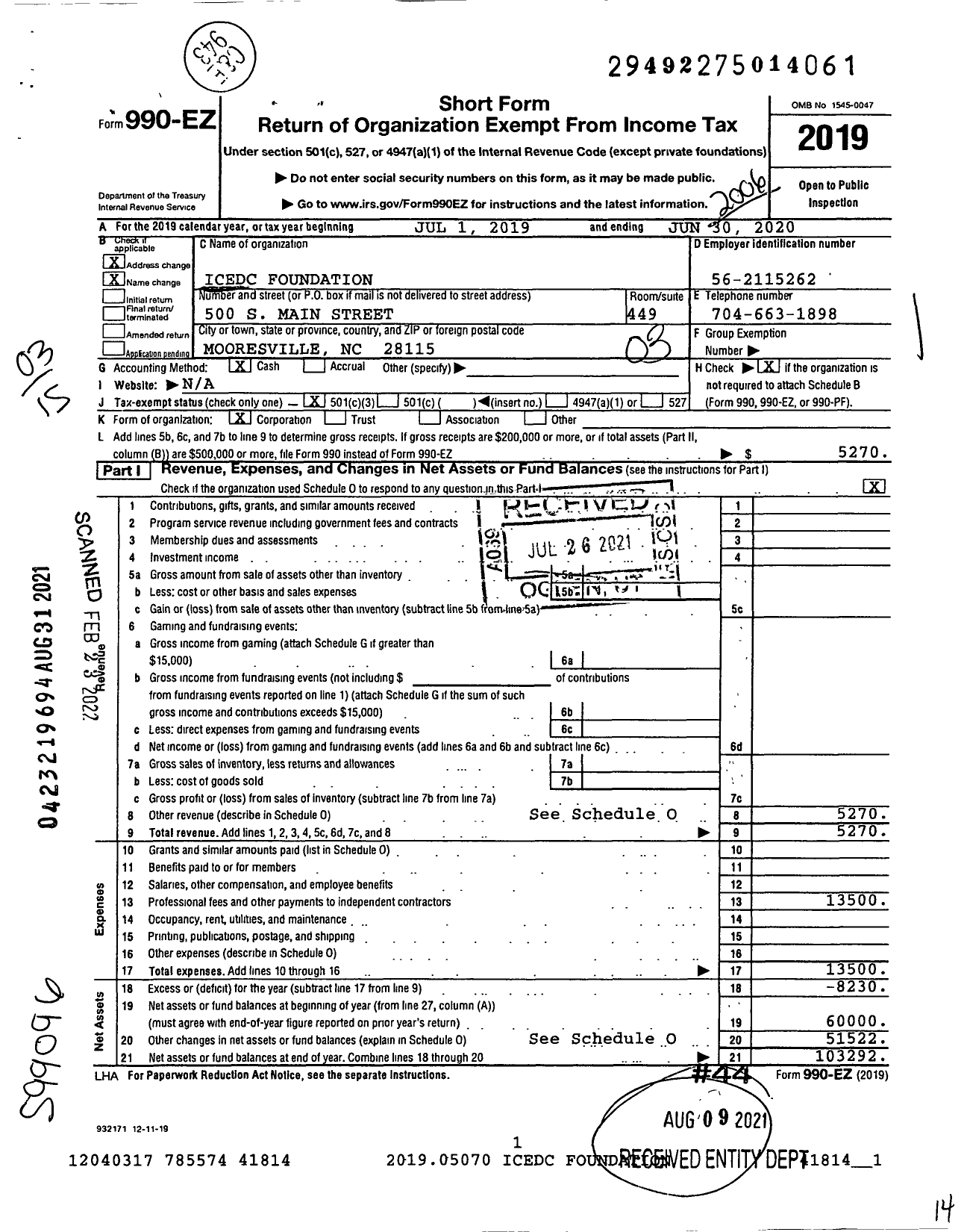Image of first page of 2019 Form 990EZ for ICEDC Foundation