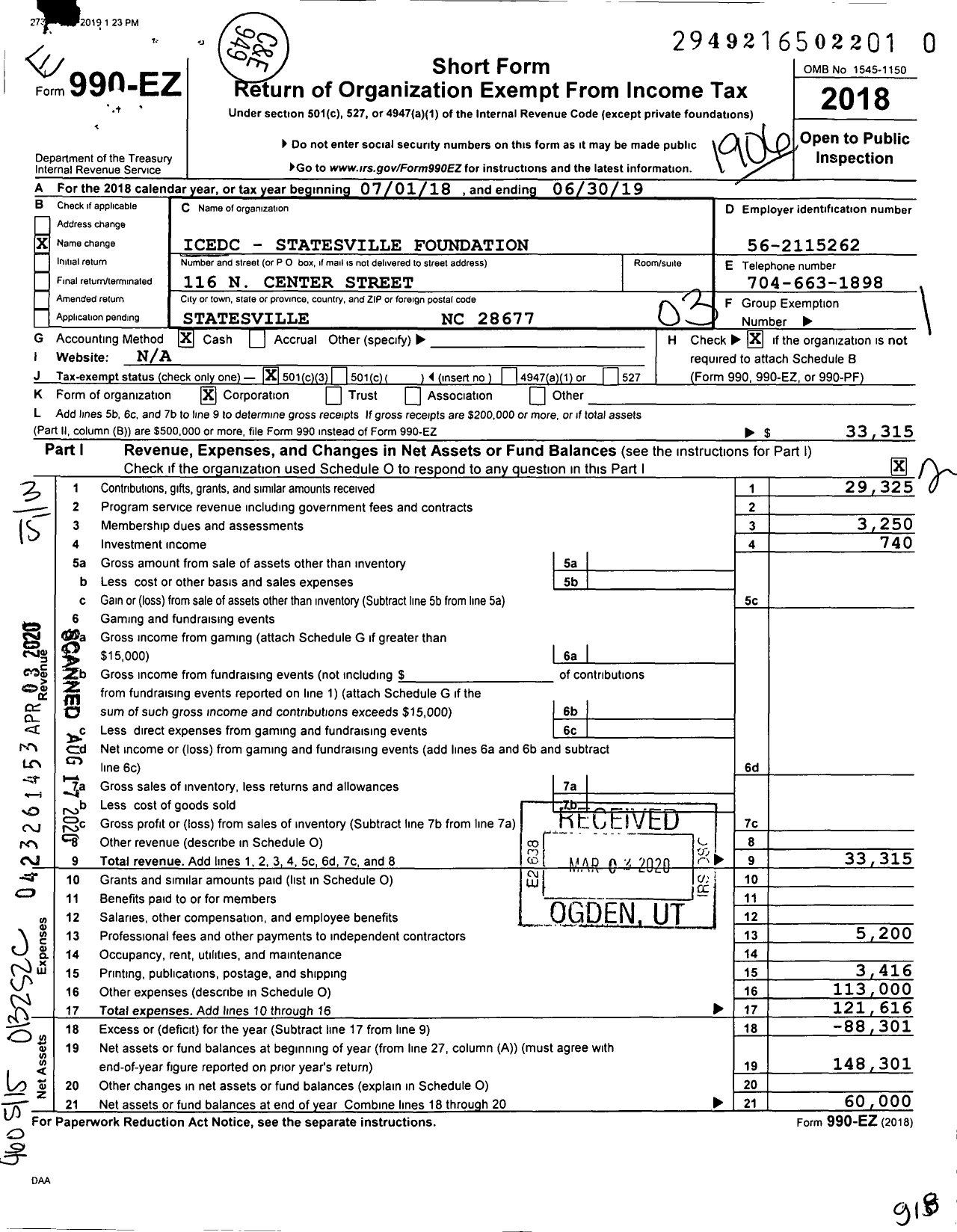 Image of first page of 2018 Form 990EZ for ICEDC Foundation