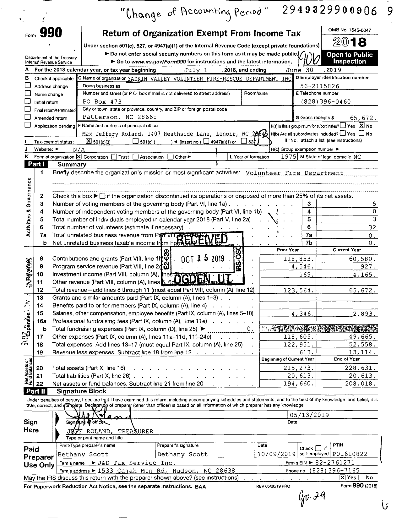 Image of first page of 2018 Form 990 for Yadkin Valley Volunteer Fire-Rescue Department