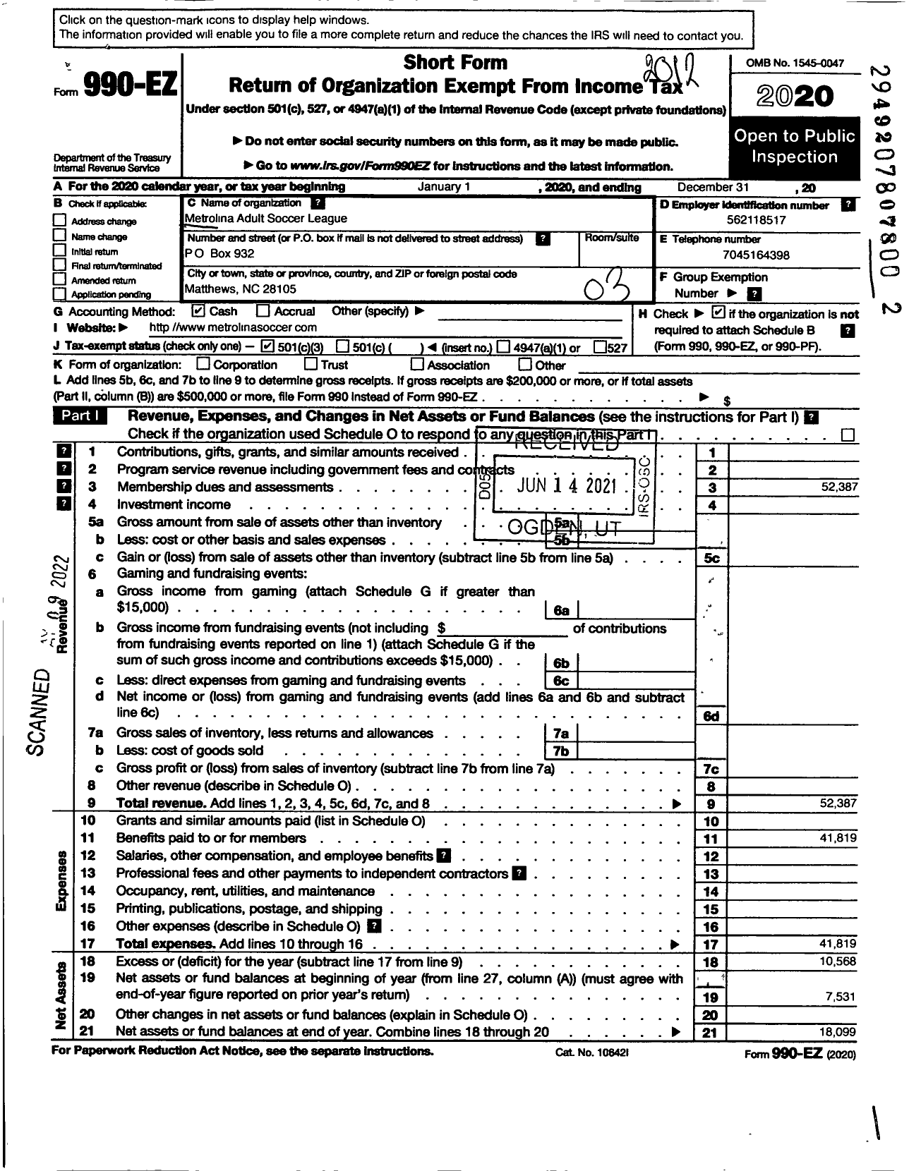 Image of first page of 2020 Form 990EZ for Metrolina Adult Soccer League