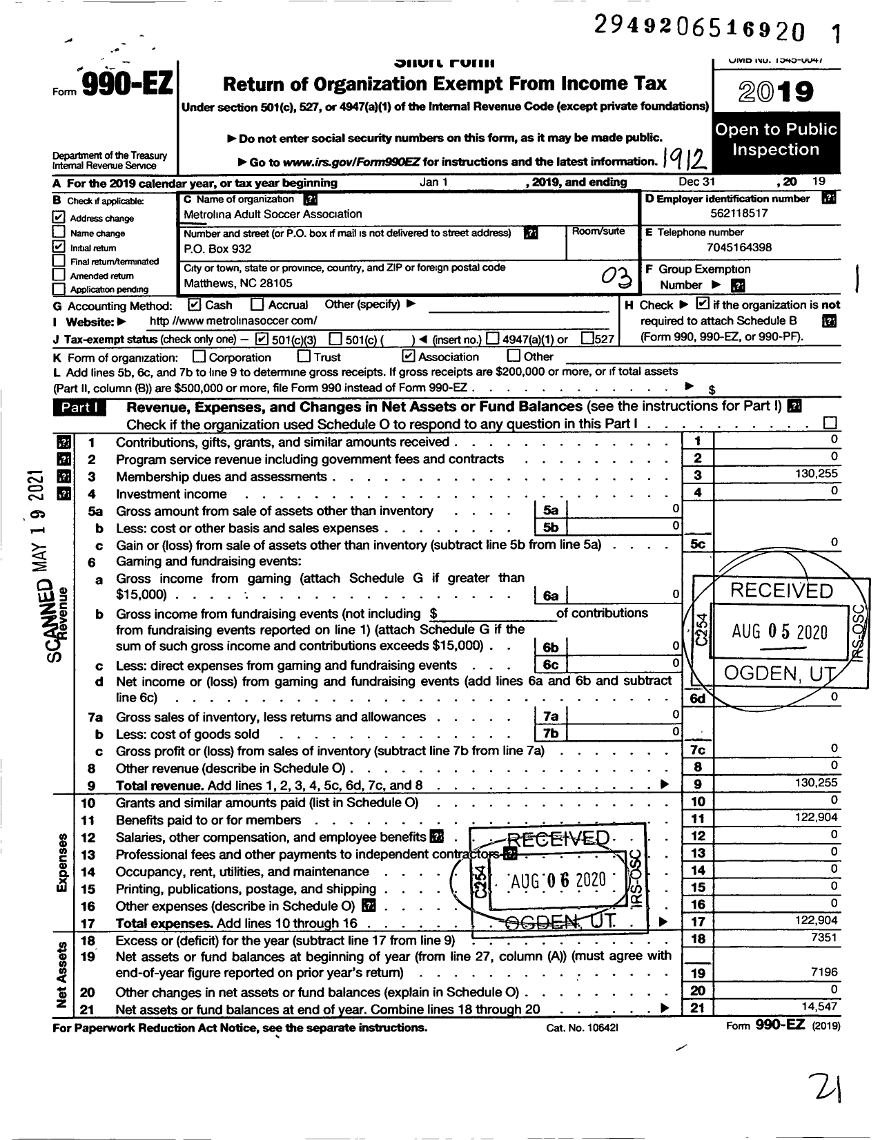 Image of first page of 2019 Form 990EZ for Metrolina Adult Soccer League