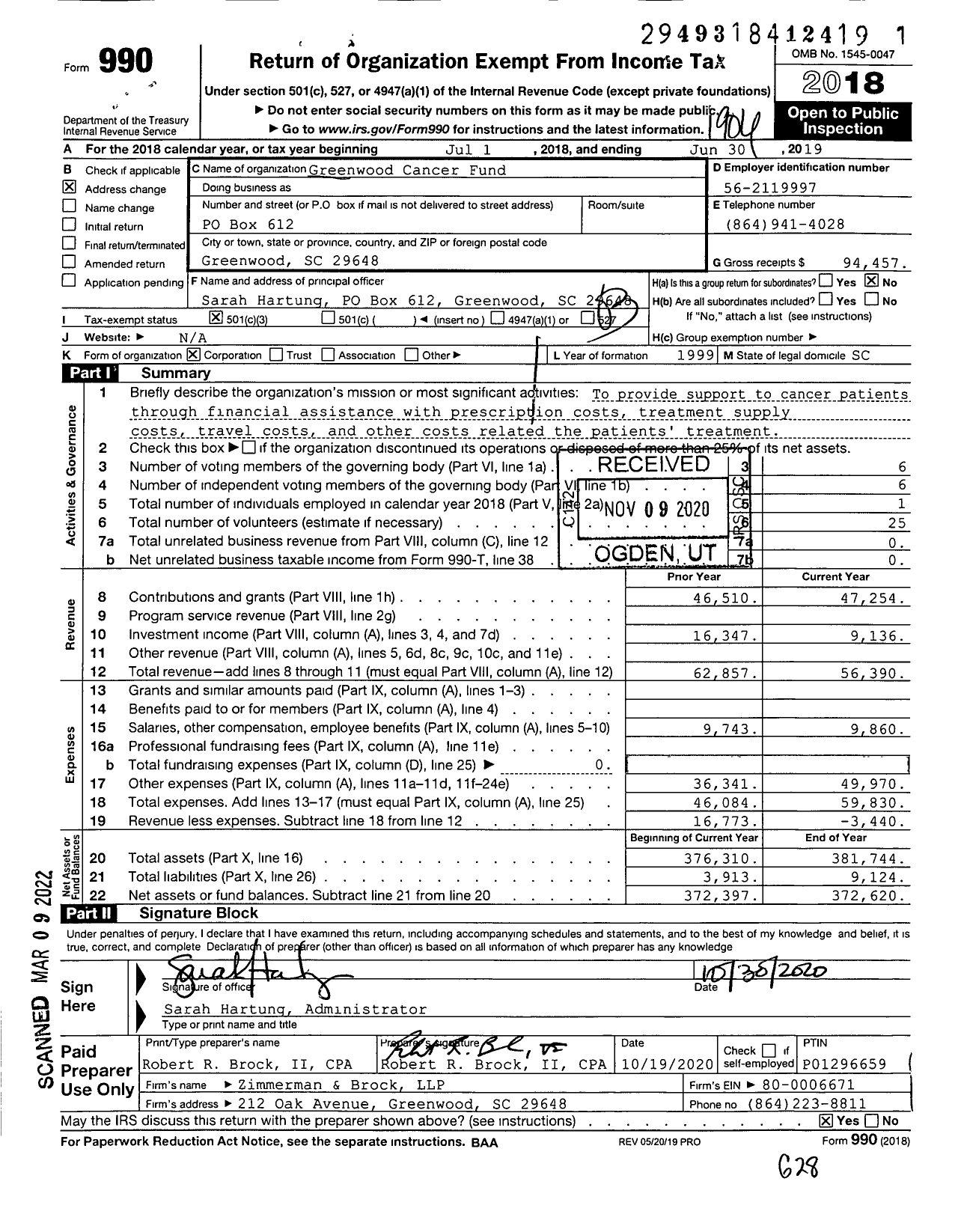 Image of first page of 2018 Form 990 for Greenwood Cancer Fund