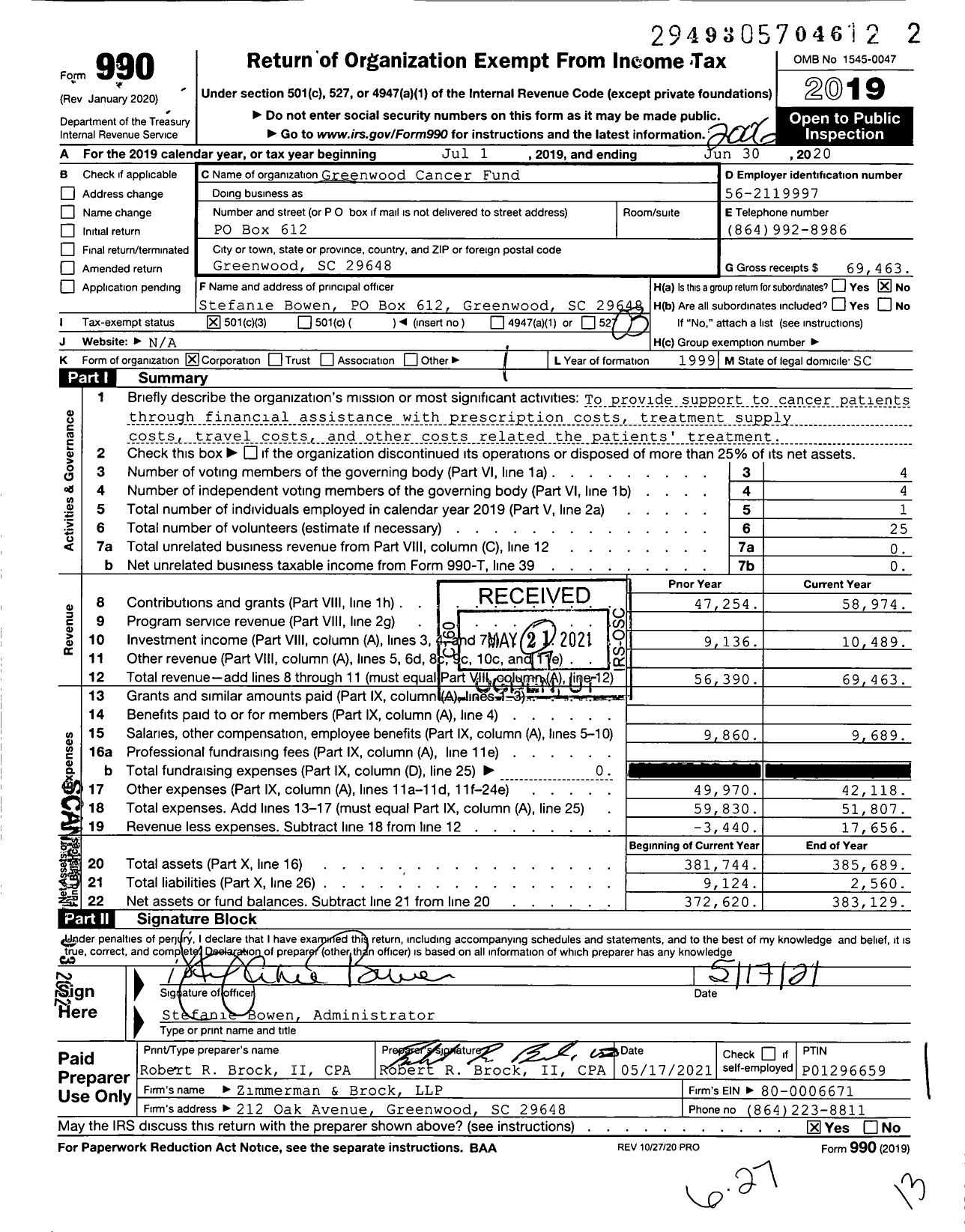 Image of first page of 2019 Form 990 for Greenwood Cancer Fund