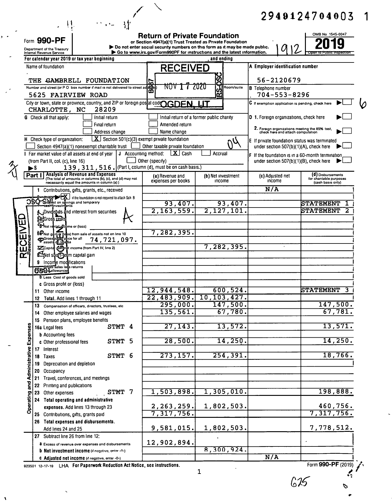 Image of first page of 2019 Form 990PF for The Gambrell Foundation