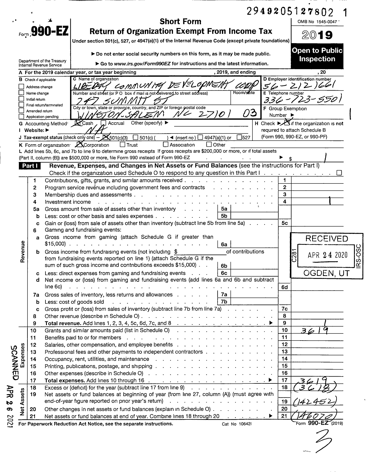 Image of first page of 2019 Form 990EZ for Liberty Community Development Corporation