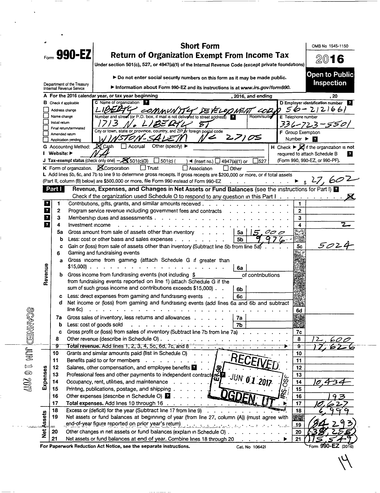 Image of first page of 2016 Form 990EZ for Liberty Community Development Corporation