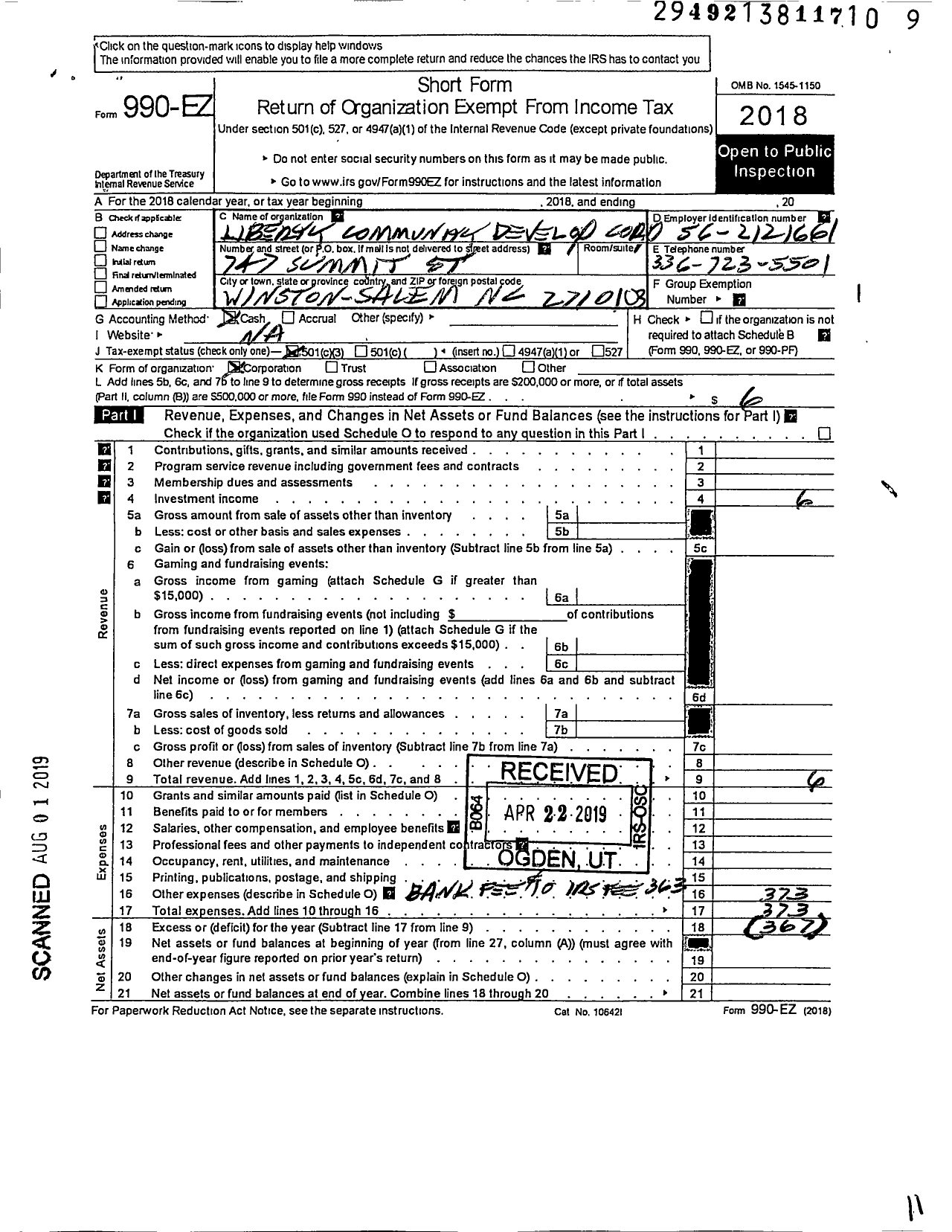 Image of first page of 2018 Form 990EZ for Liberty Community Development Corporation