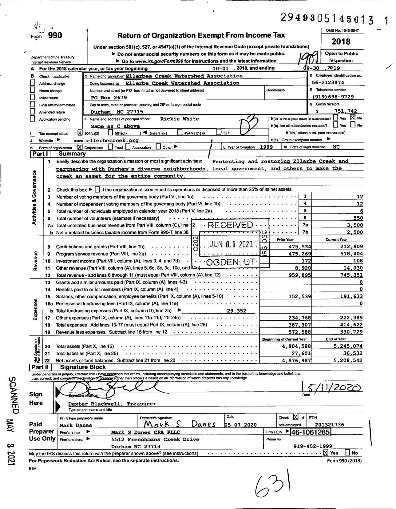 Image of first page of 2018 Form 990 for Ellerbee Creek Watershed Association