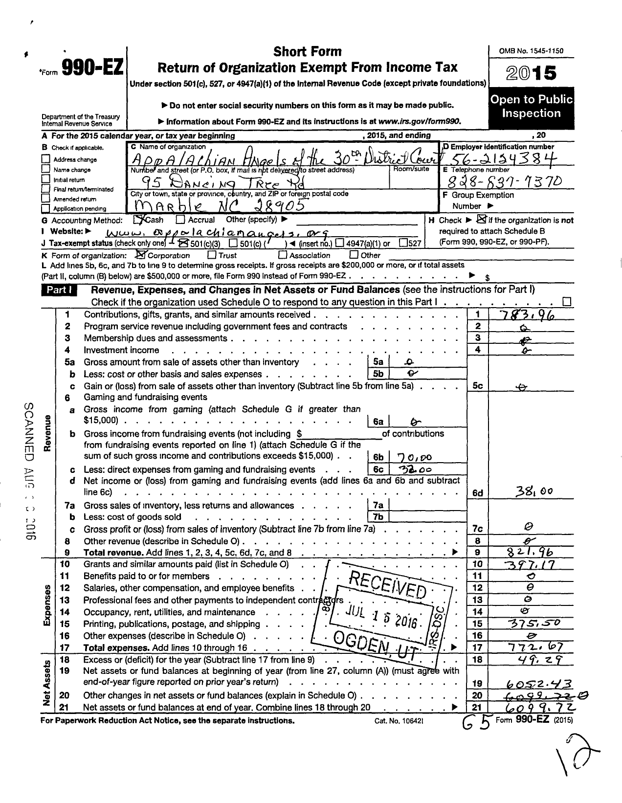 Image of first page of 2015 Form 990EZ for Appalachian Angels of the 30th Judicial District