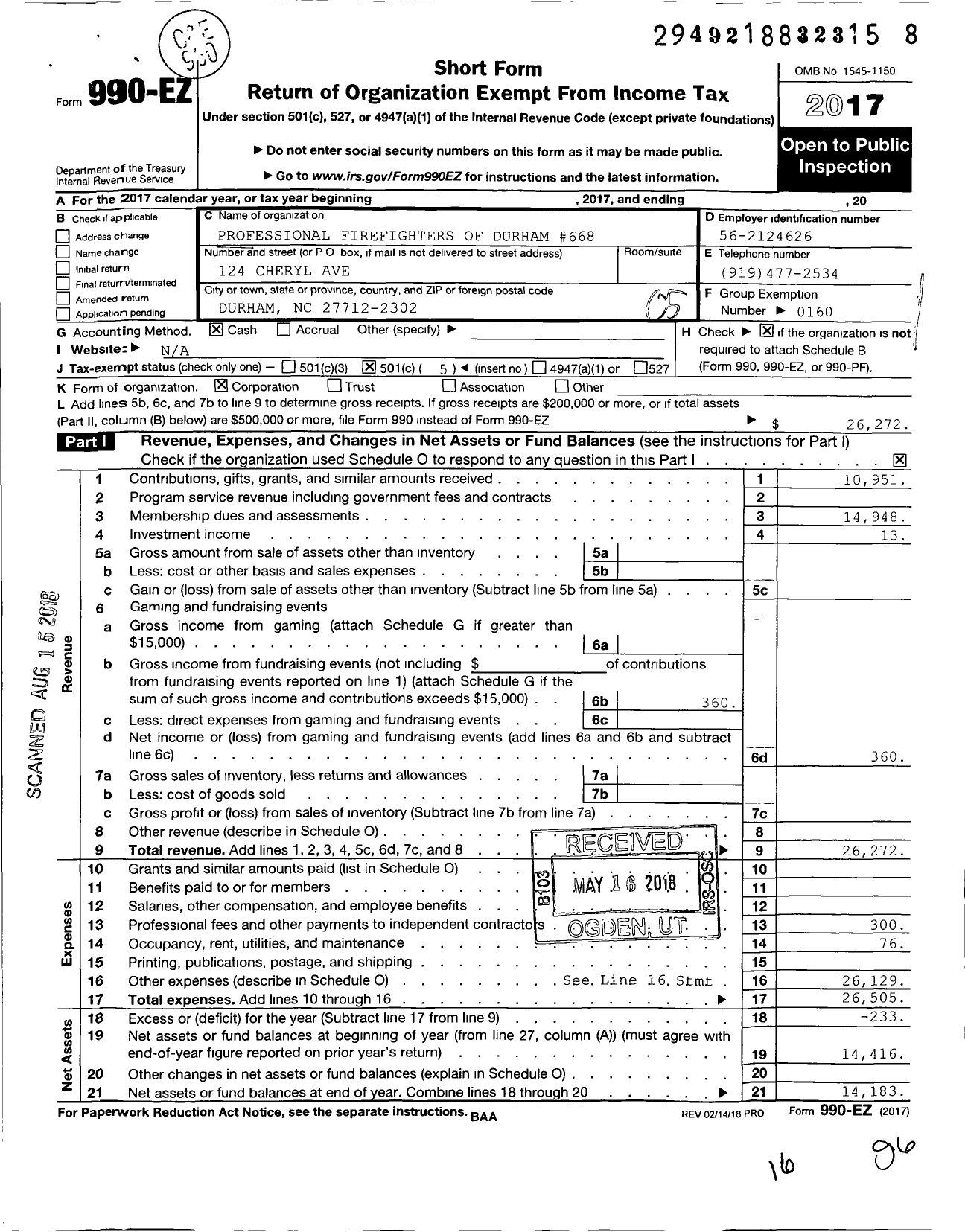 Image of first page of 2017 Form 990EO for International Association of Fire Fighters - 0668l Prof Fire Fighters of Durham