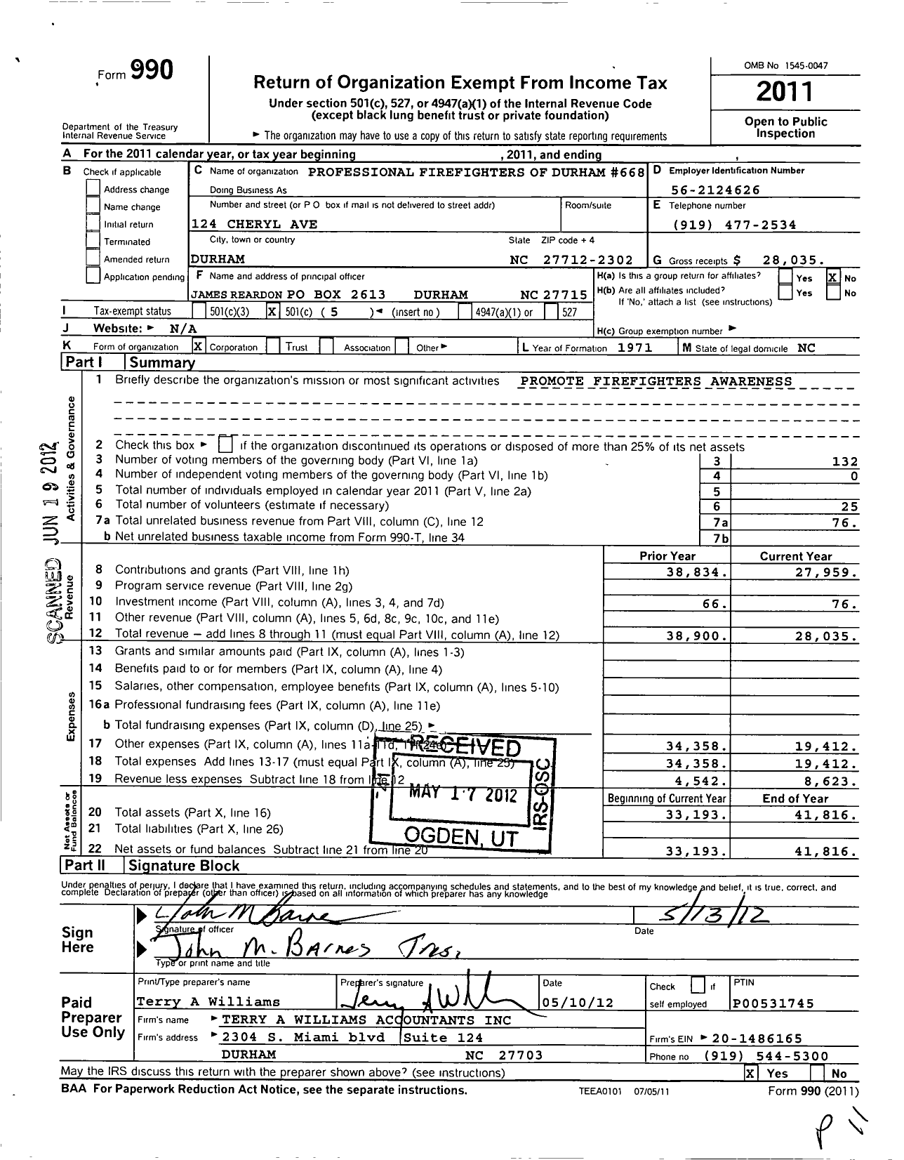 Image of first page of 2011 Form 990O for International Association of Fire Fighters - 0668l Prof Fire Fighters of Durham