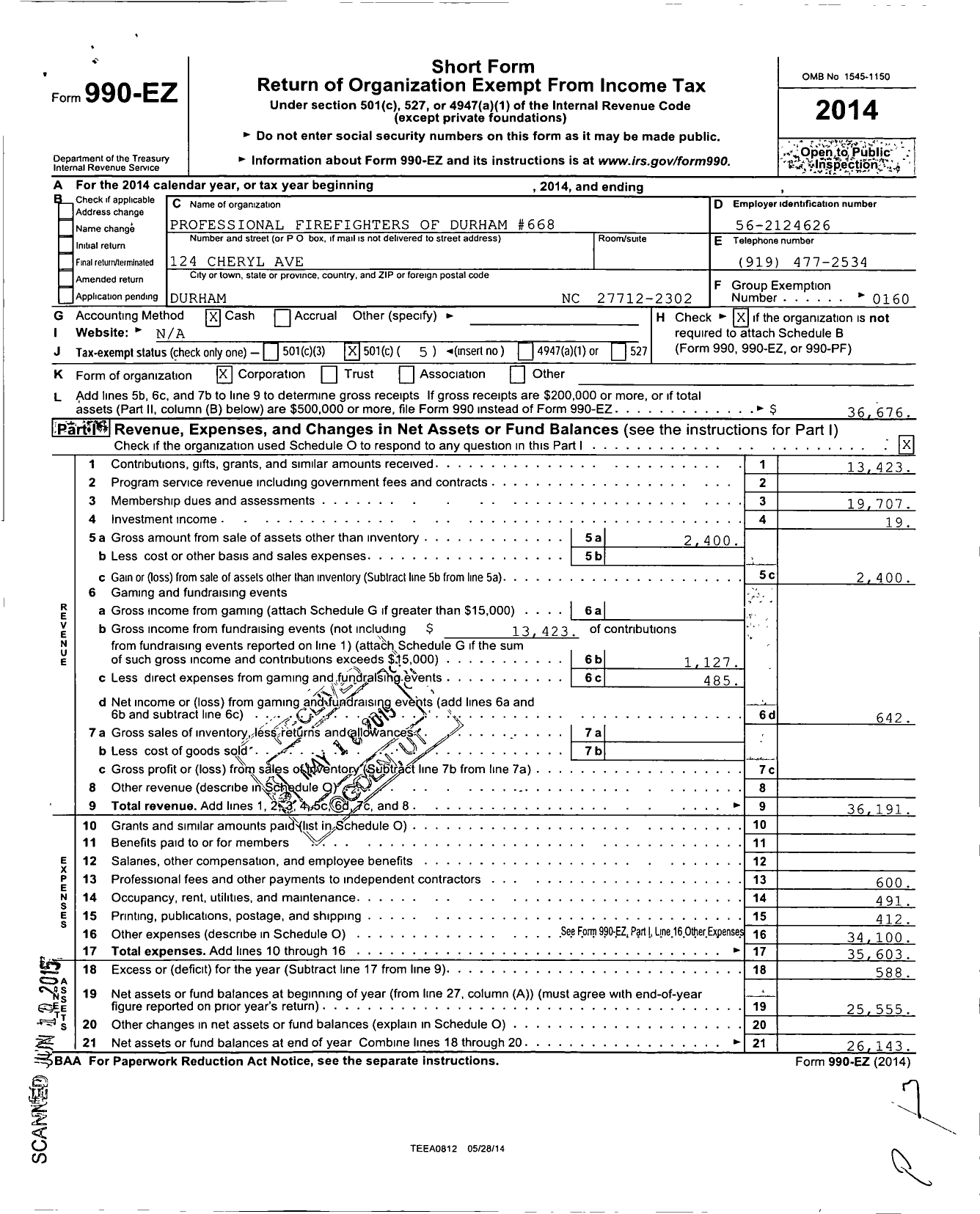 Image of first page of 2014 Form 990EO for International Association of Fire Fighters - 0668l Prof Fire Fighters of Durham