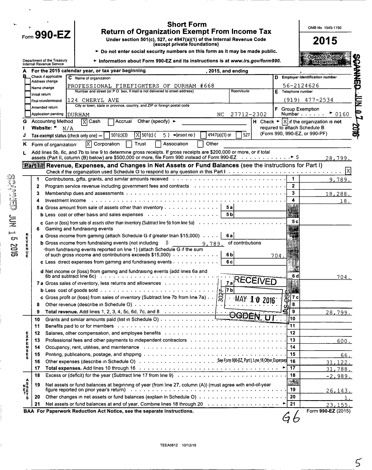 Image of first page of 2015 Form 990EO for International Association of Fire Fighters - 0668l Prof Fire Fighters of Durham