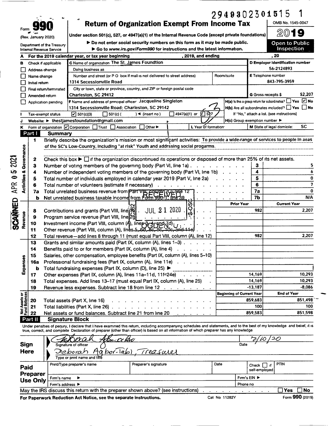 Image of first page of 2019 Form 990 for St James Foundation