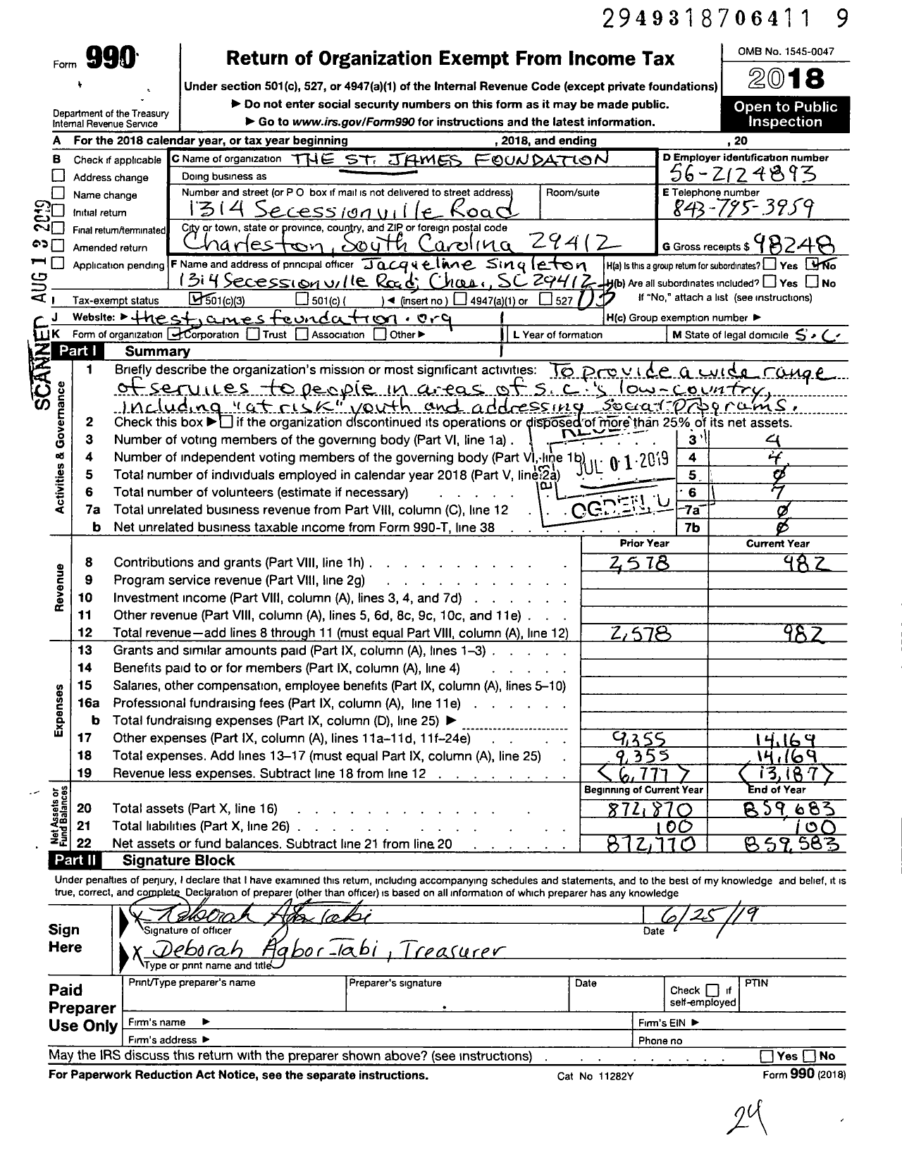 Image of first page of 2018 Form 990 for St James Foundation