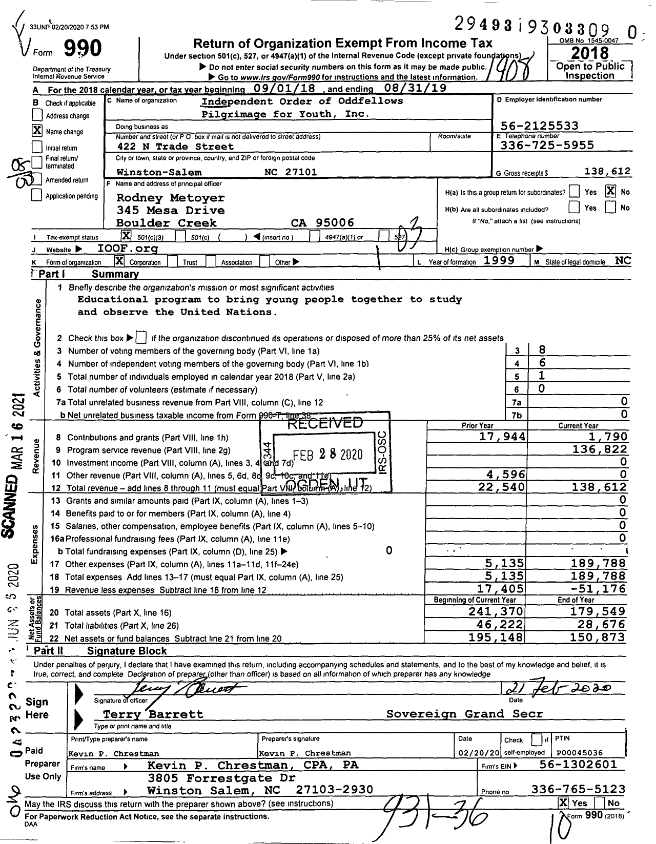 Image of first page of 2018 Form 990 for Independent Order of Oddfellows Pilgrimage for Youth