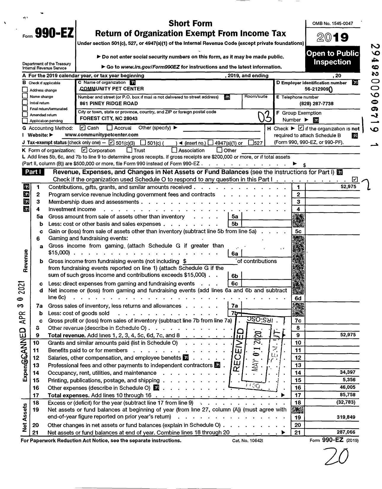 Image of first page of 2019 Form 990EZ for Community Pet Center