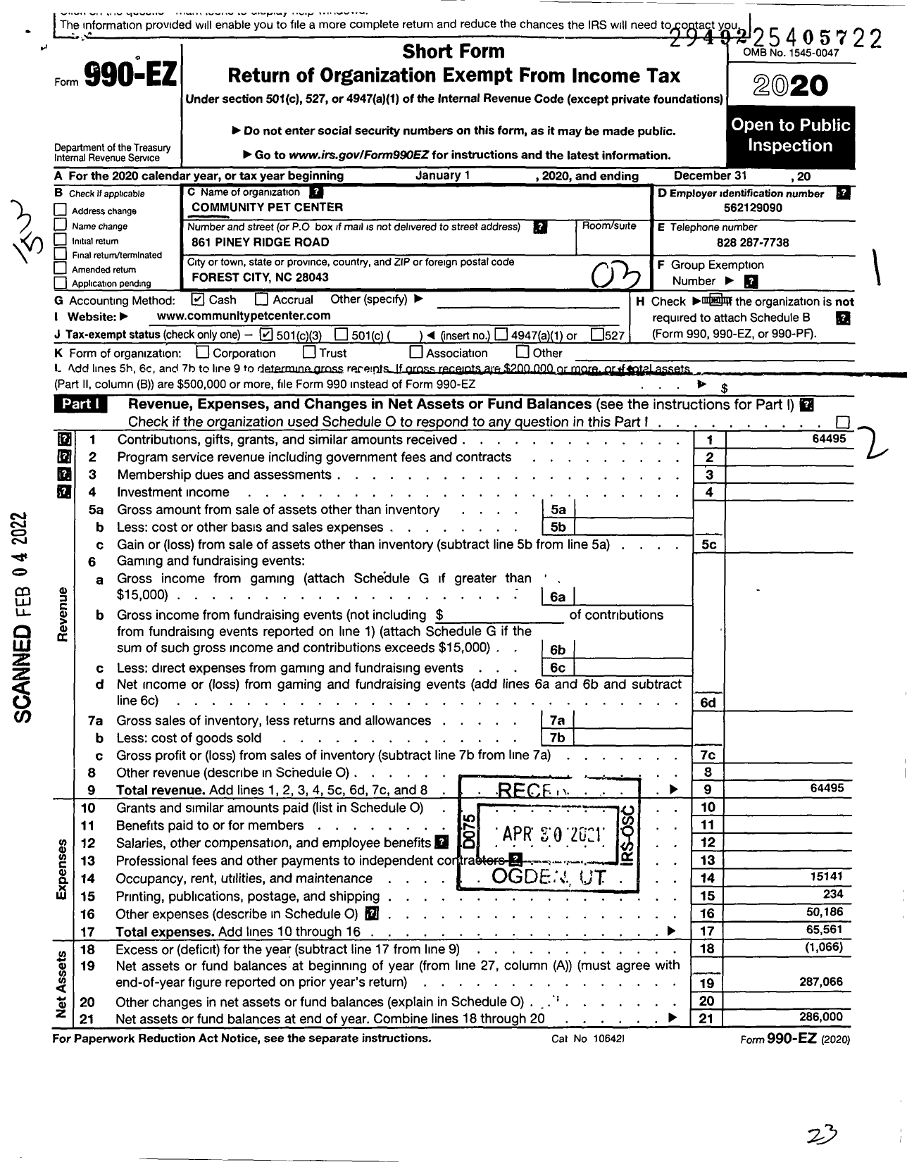 Image of first page of 2020 Form 990EZ for Community Pet Center