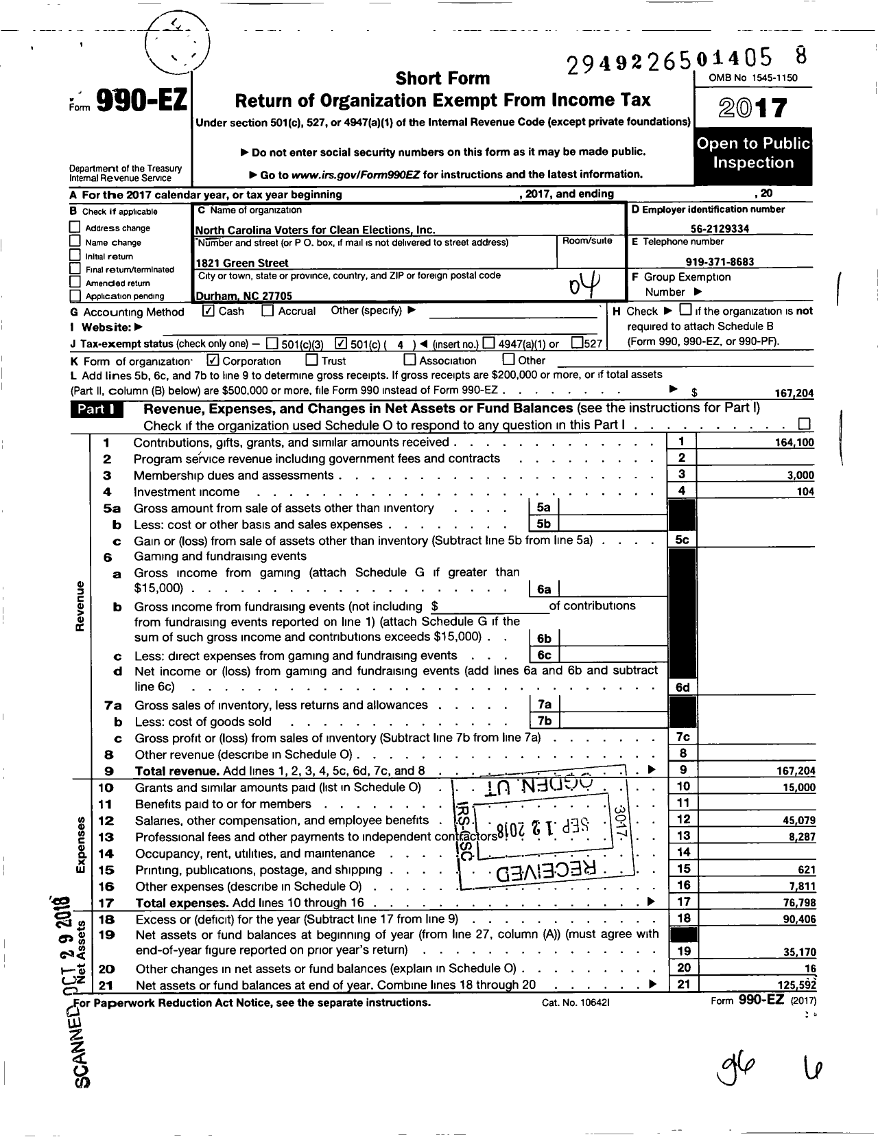 Image of first page of 2017 Form 990EO for North Carolina Voters for Clean Elections