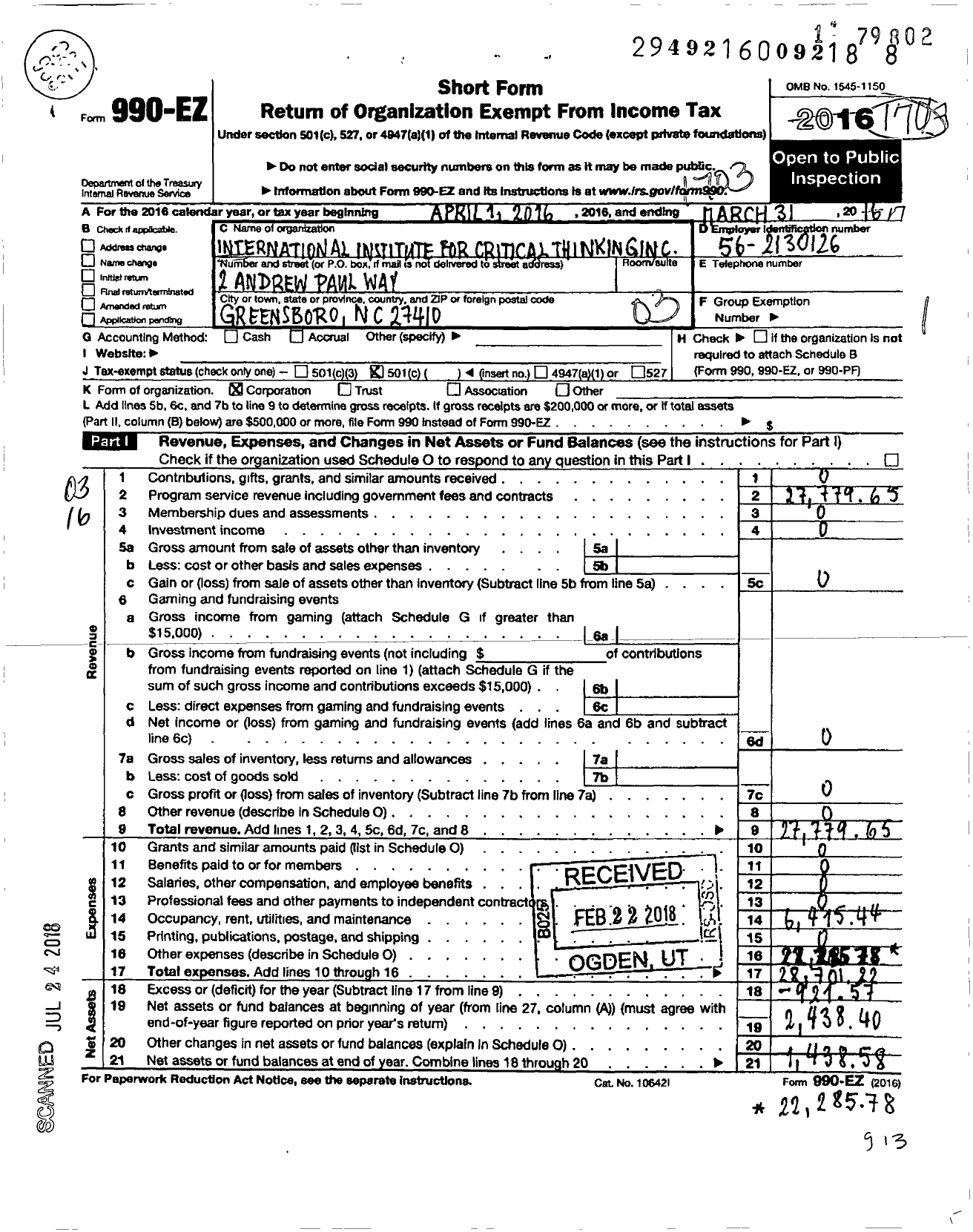 Image of first page of 2016 Form 990EZ for International Institute for Critical Thinking