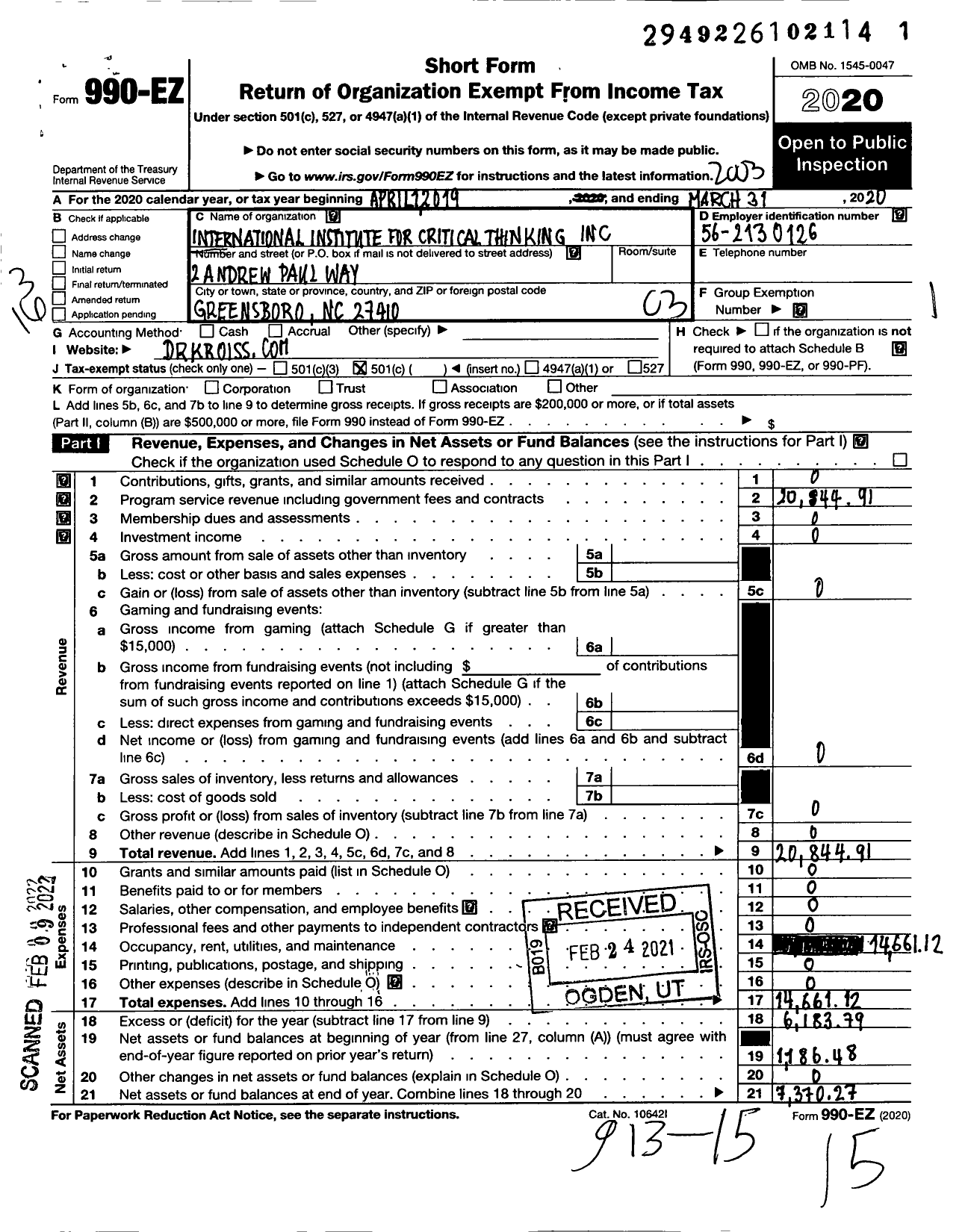 Image of first page of 2019 Form 990EZ for International Institute for Critical Thinking