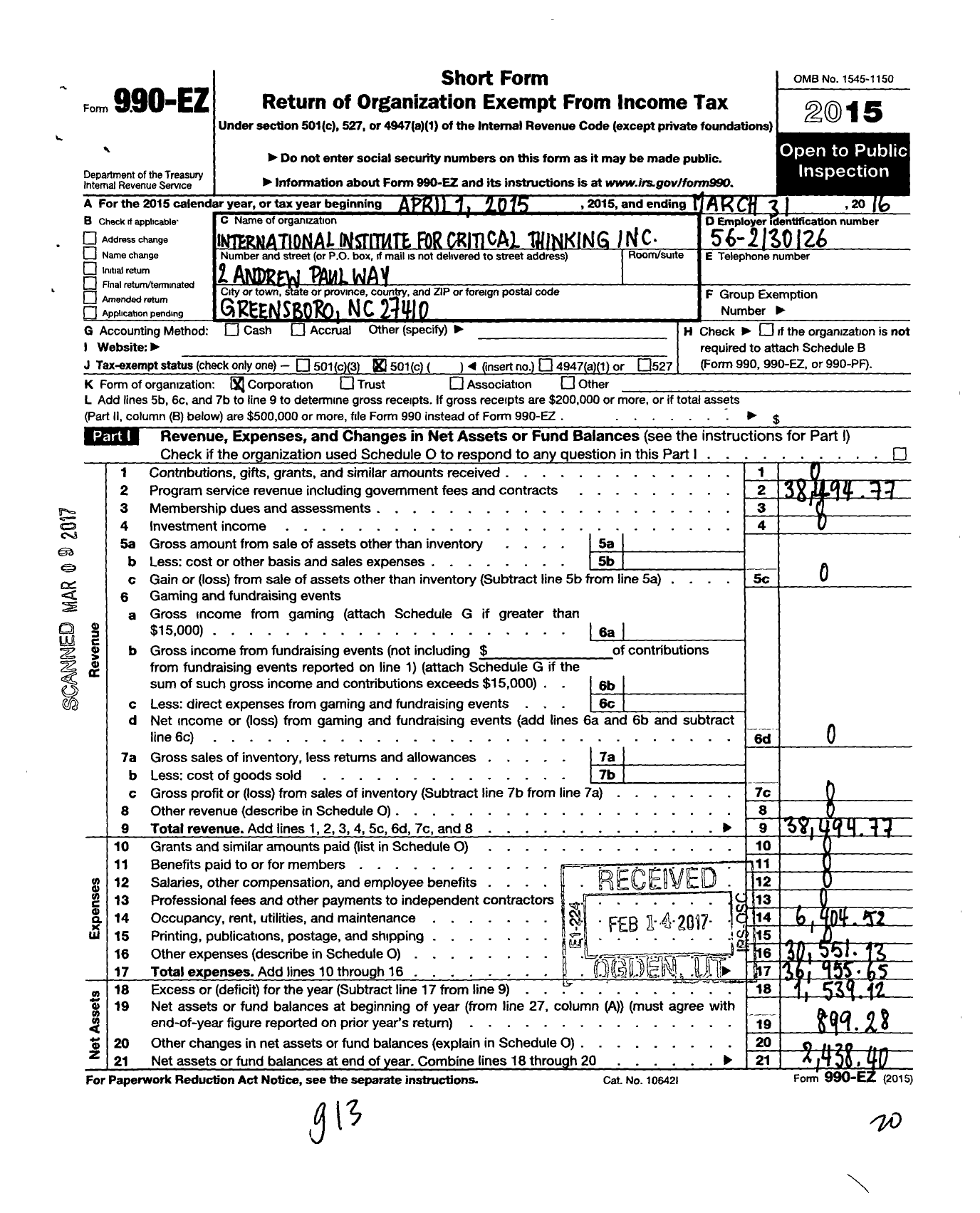 Image of first page of 2015 Form 990EO for International Institute for Critical Thinking