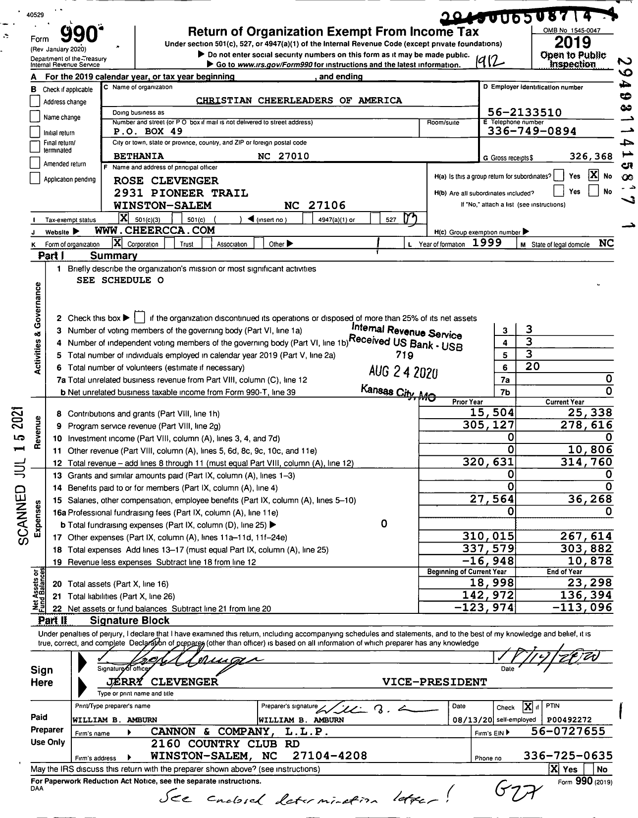 Image of first page of 2019 Form 990 for Christian Cheerleaders of America