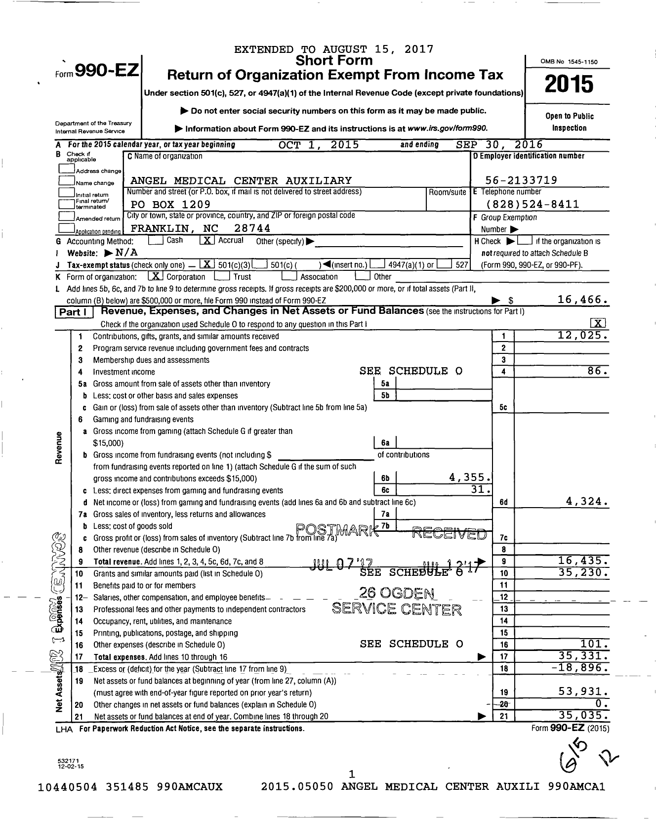 Image of first page of 2015 Form 990EZ for Angel Medical Center Auxiliary
