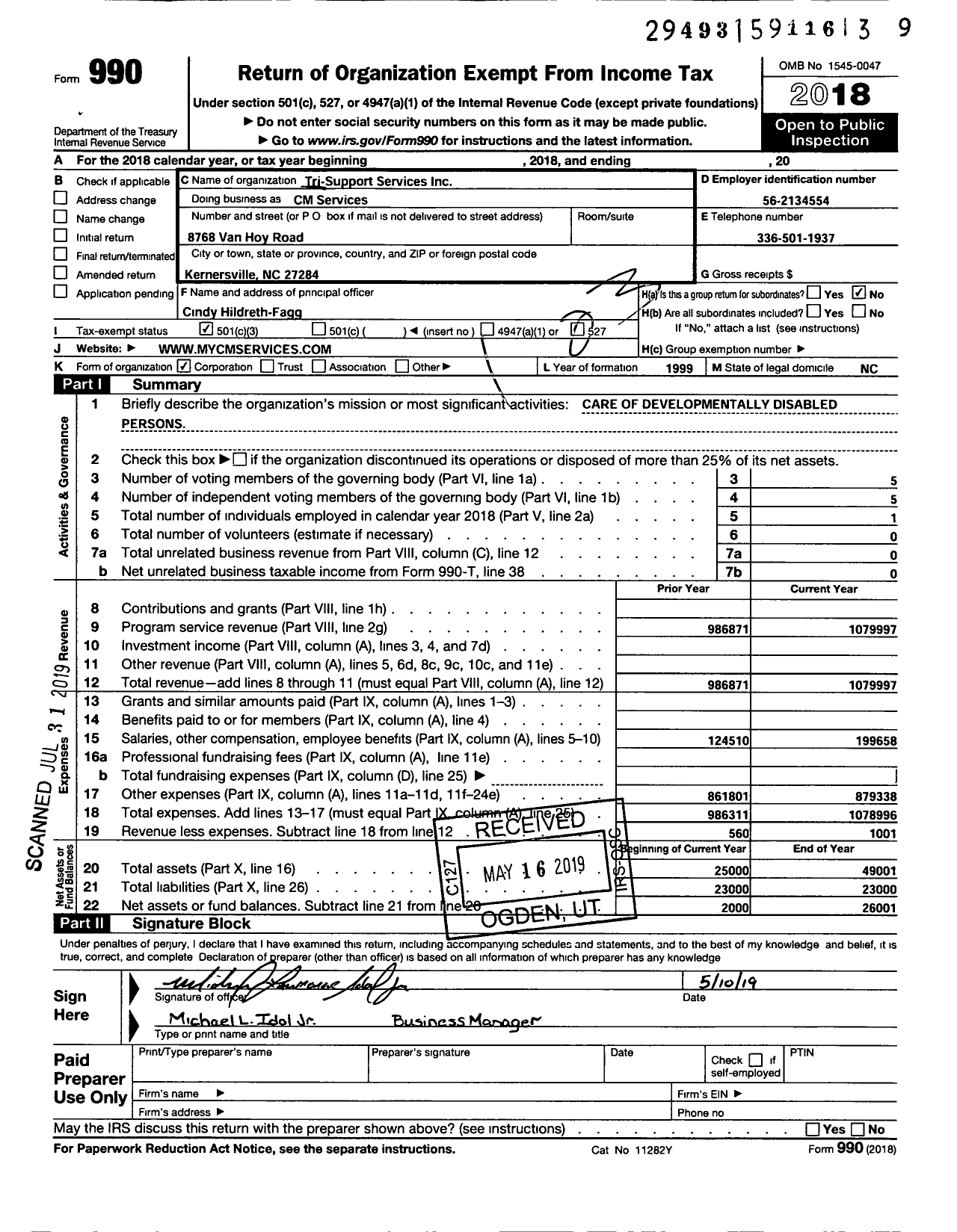 Image of first page of 2018 Form 990 for CM Services