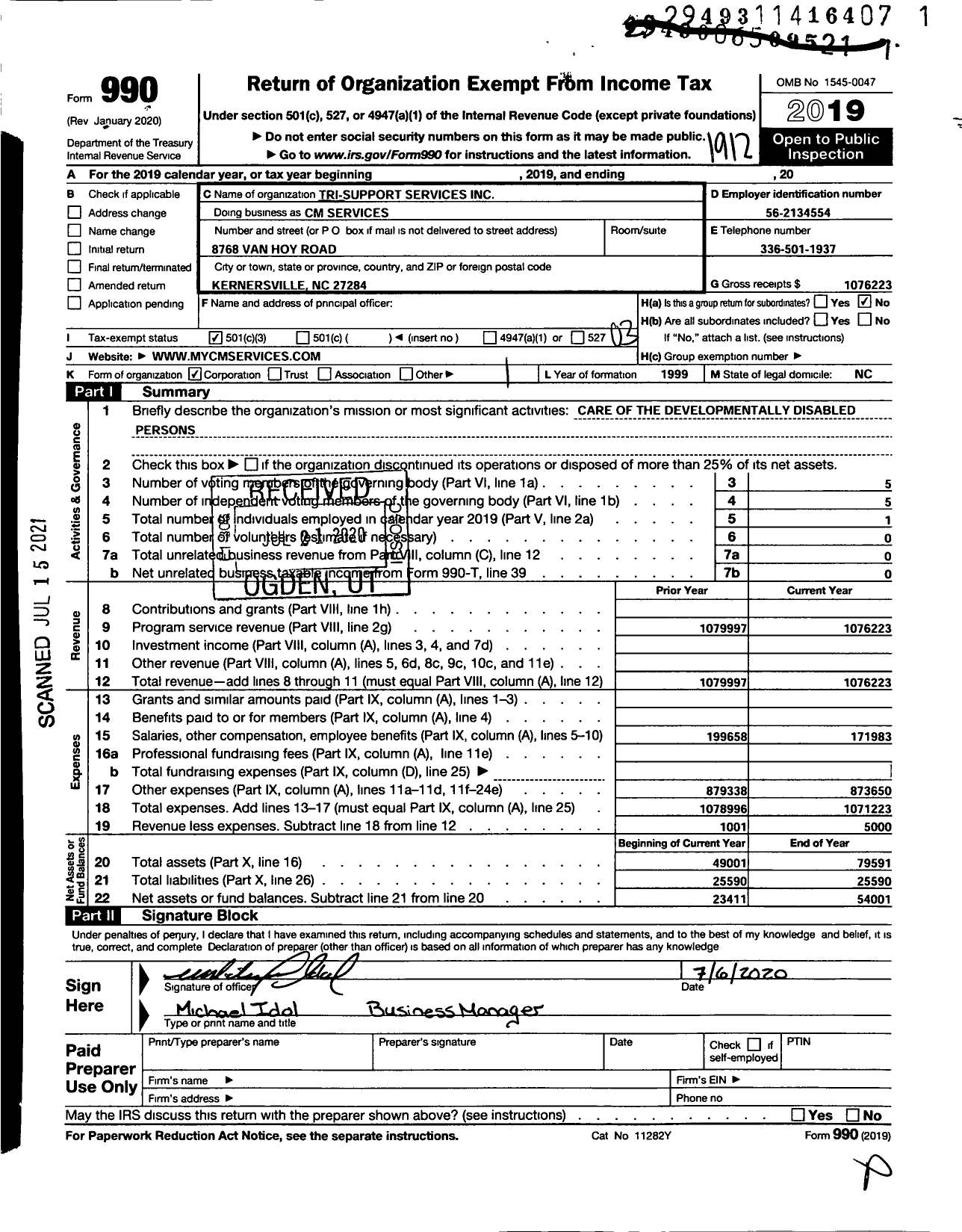 Image of first page of 2019 Form 990 for CM Services