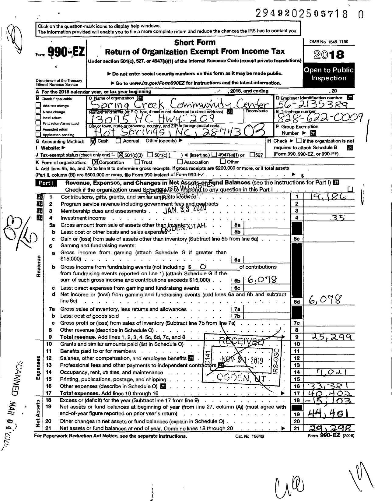 Image of first page of 2018 Form 990EZ for Spring Creek Community Center