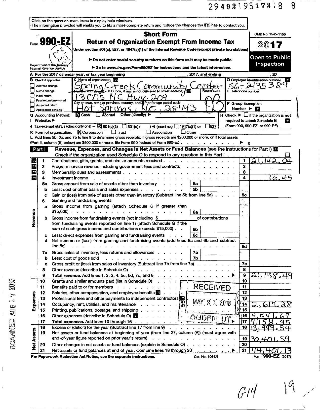 Image of first page of 2017 Form 990EZ for Spring Creek Community Center