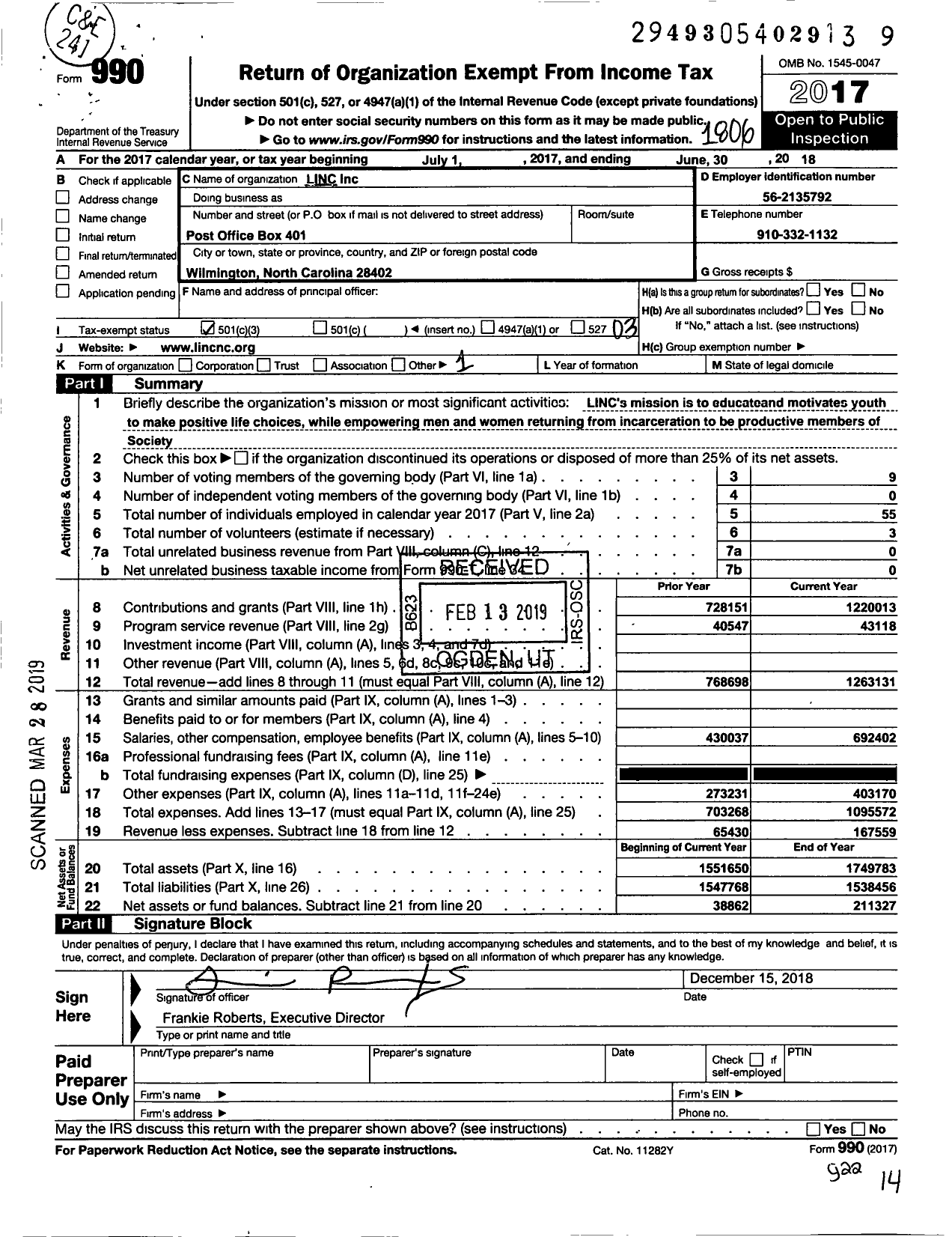 Image of first page of 2017 Form 990 for Leading Into New Communities (LINC)