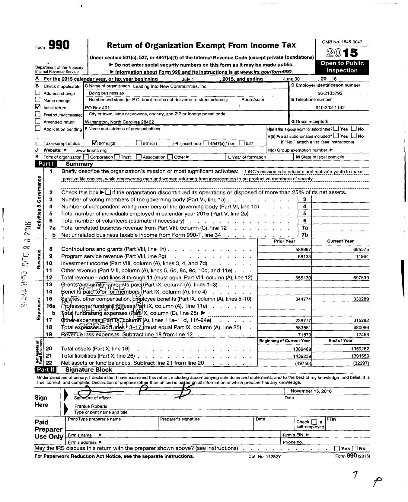 Image of first page of 2015 Form 990 for Leading Into New Communities (LINC)