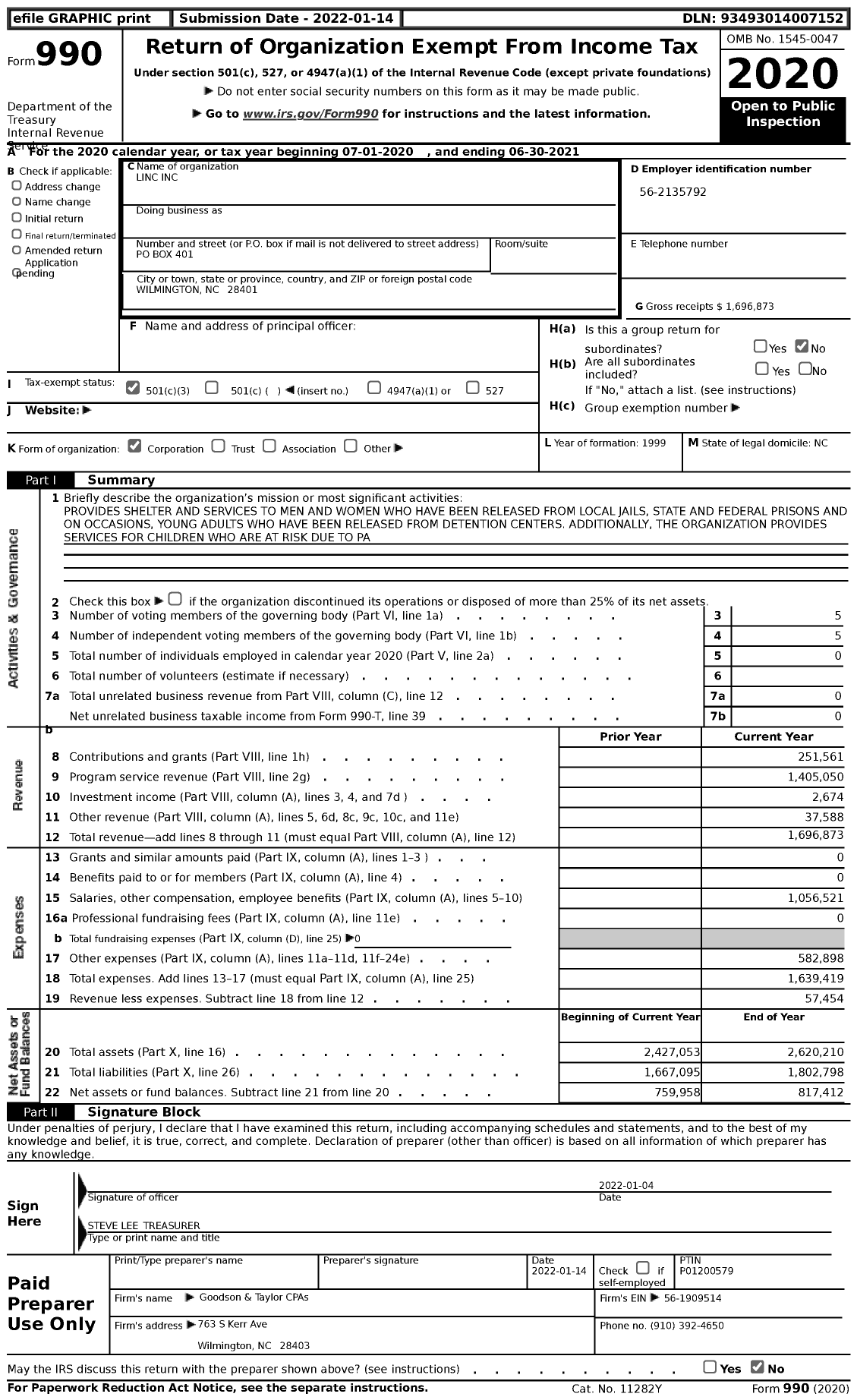 Image of first page of 2020 Form 990 for Leading Into New Communities (LINC)