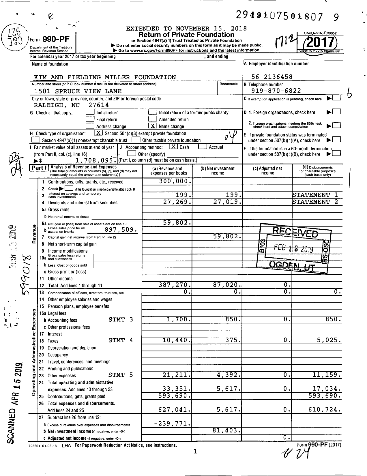 Image of first page of 2017 Form 990PF for Kim and Fielding Miller Foundation